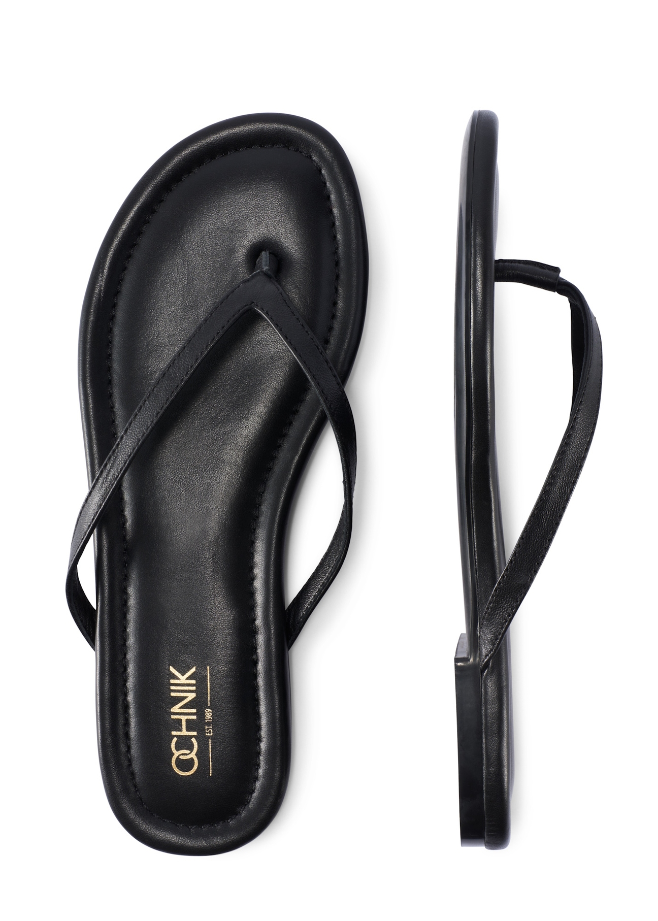 Women's leather flip-flops in black BUTYD-1271-99(W26), product view from above on a white background.