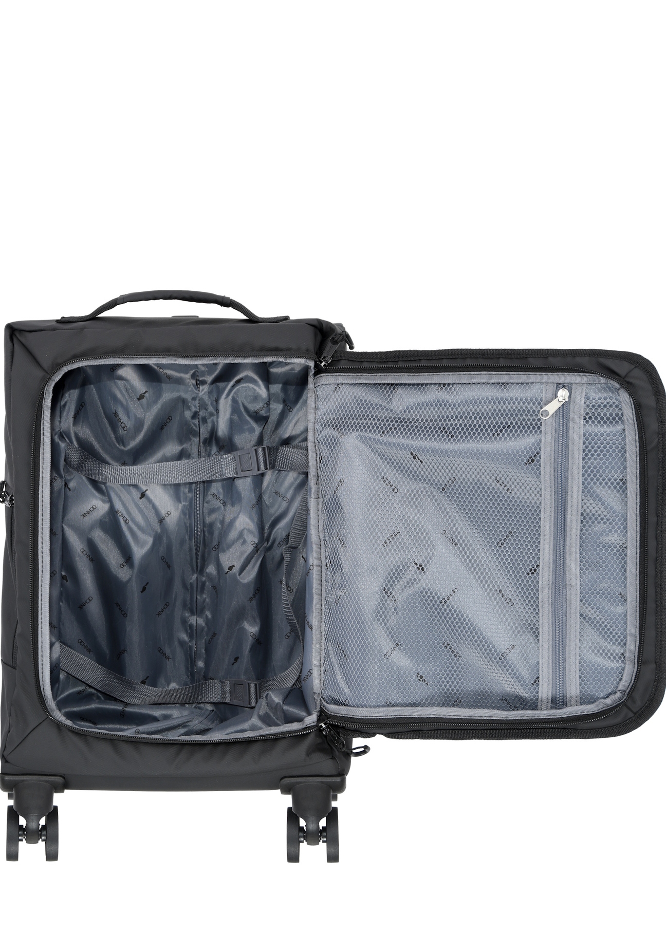 Small suitcase on wheels WALNY-0043-99-19(W25) in black with logo - front view of the open suitcase on a white background.
