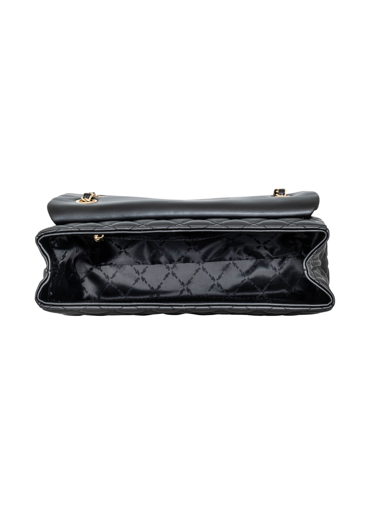 Black quilted chain bag TOREC-0443D-99(W25), product view from the inside on a white background.