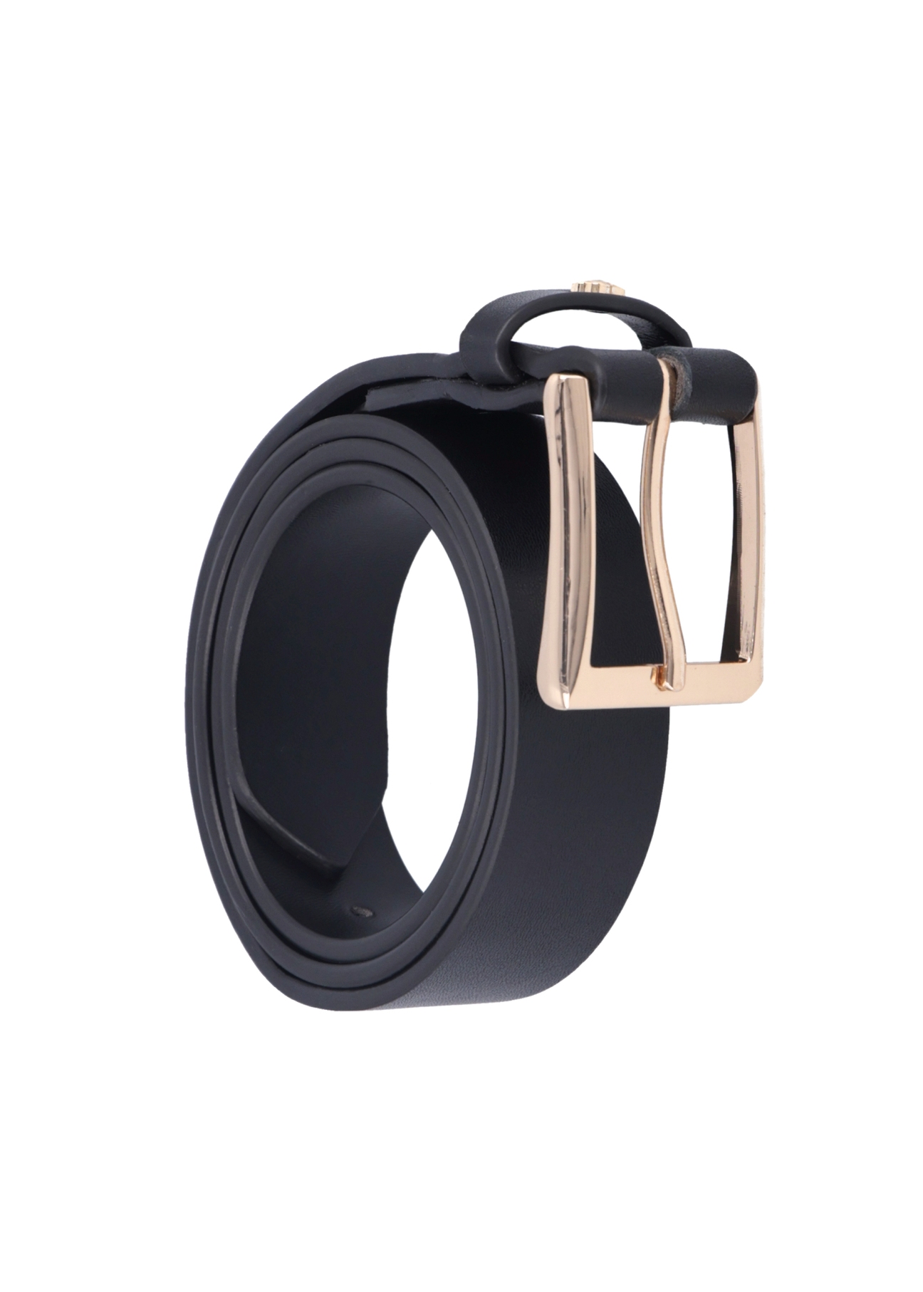 Black leather women's belt PASDS-0346-99(Z26), diagonal product view on white background.