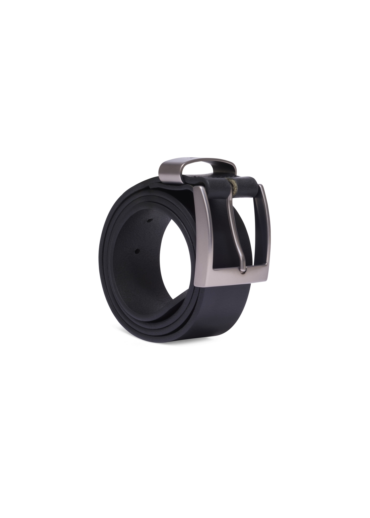 Men's smooth black leather belt PASMS-0163A-99(Z25), angled product view on a white background.