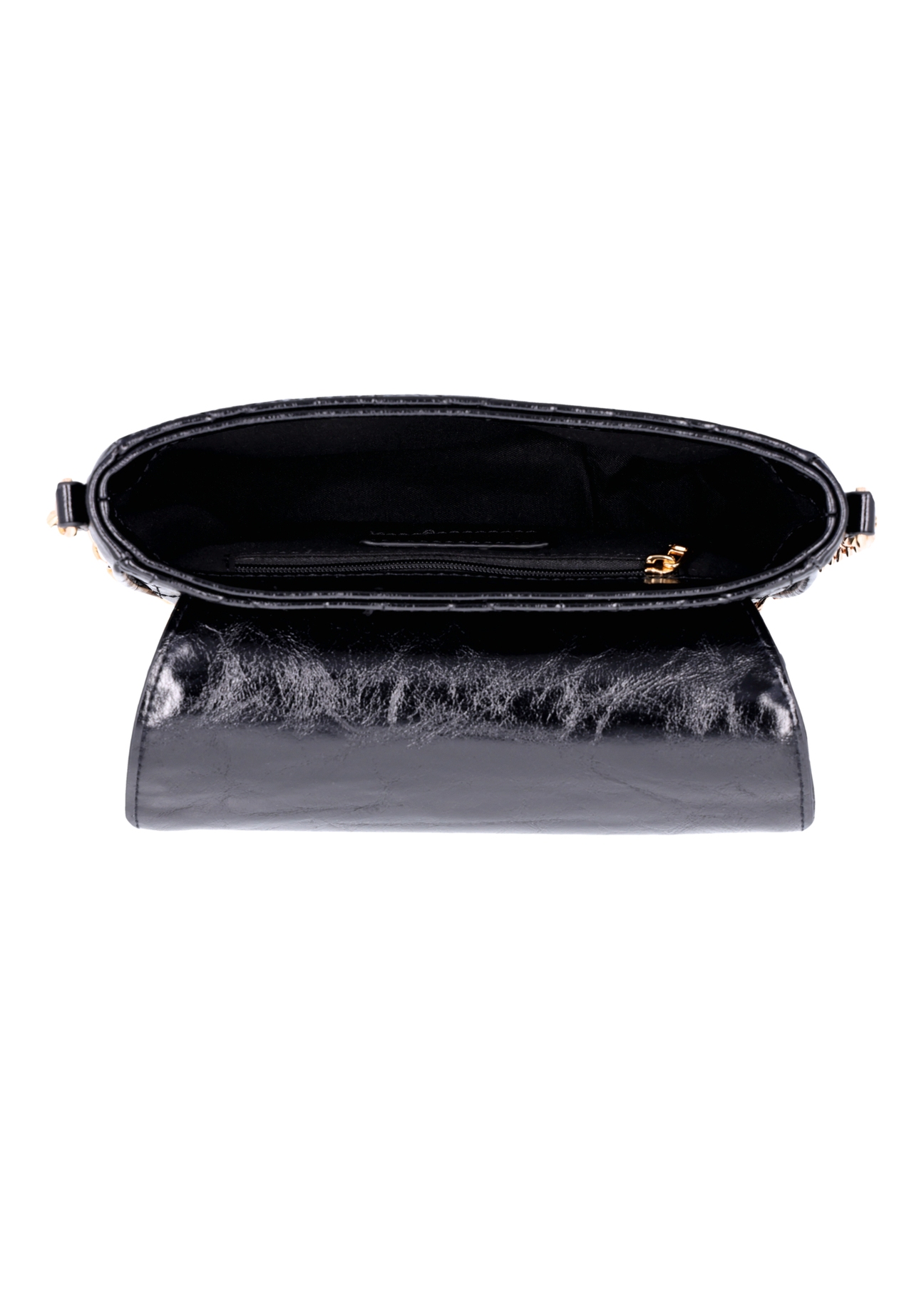 Black small glossy messenger bag TOREC-1254-9F(Z26), product view inside on white background.