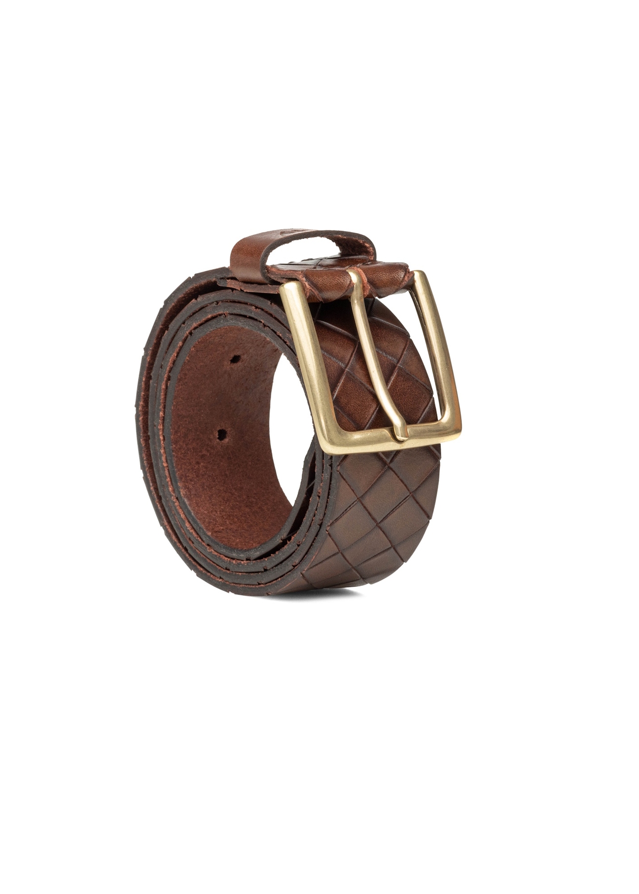 Men's brown leather belt PASMS-0278-1I(W26), diagonal product view on white background.