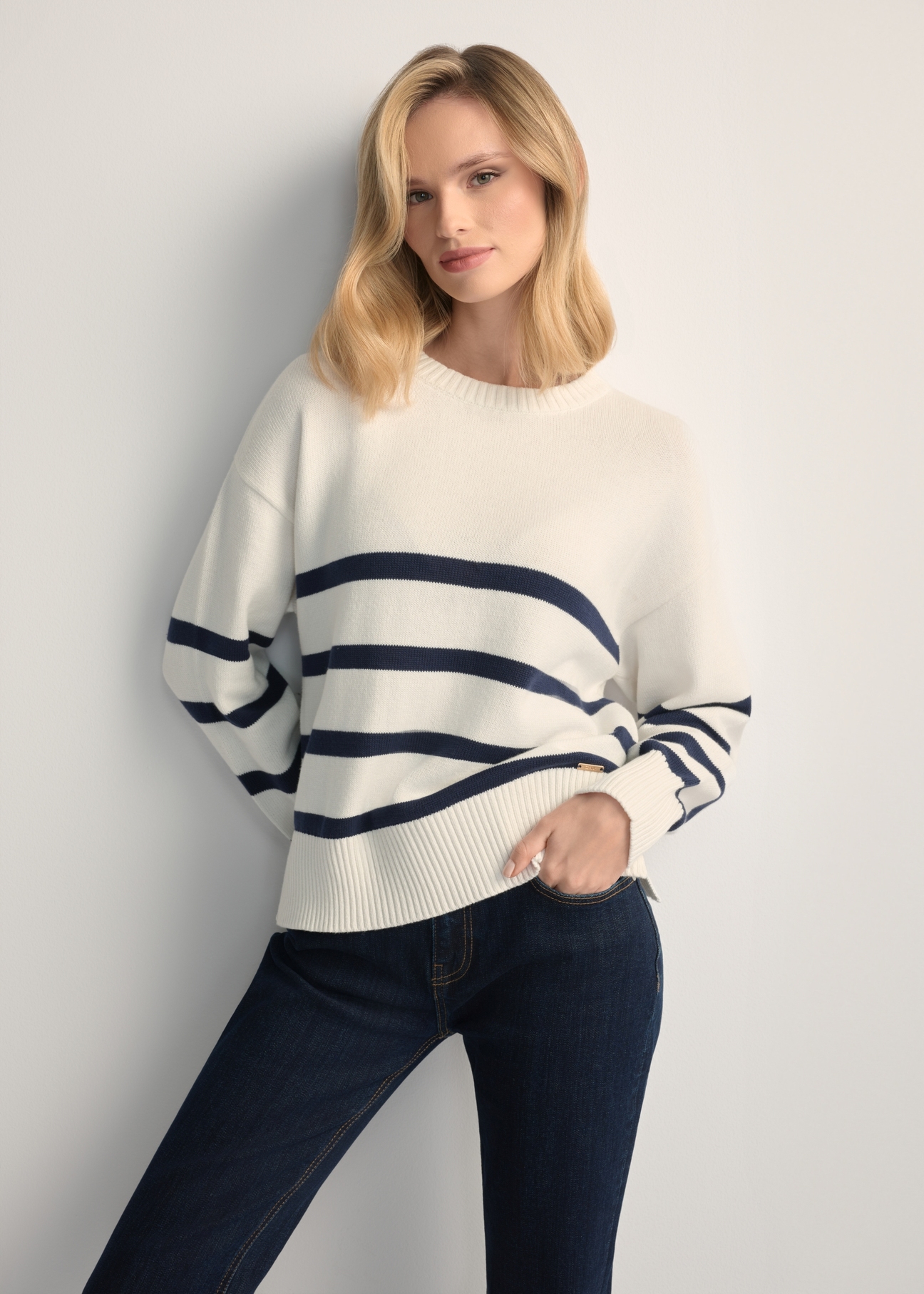 Women's cream striped sweater SWEDT-0258-0B(W26) - front view of the product, on a model, against a light background. Knee-length silhouette visible.