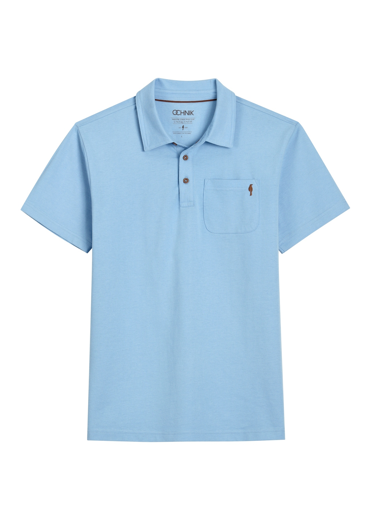 Blue men's polo shirt POLMT-0088-7B(W26), front product view on white background.