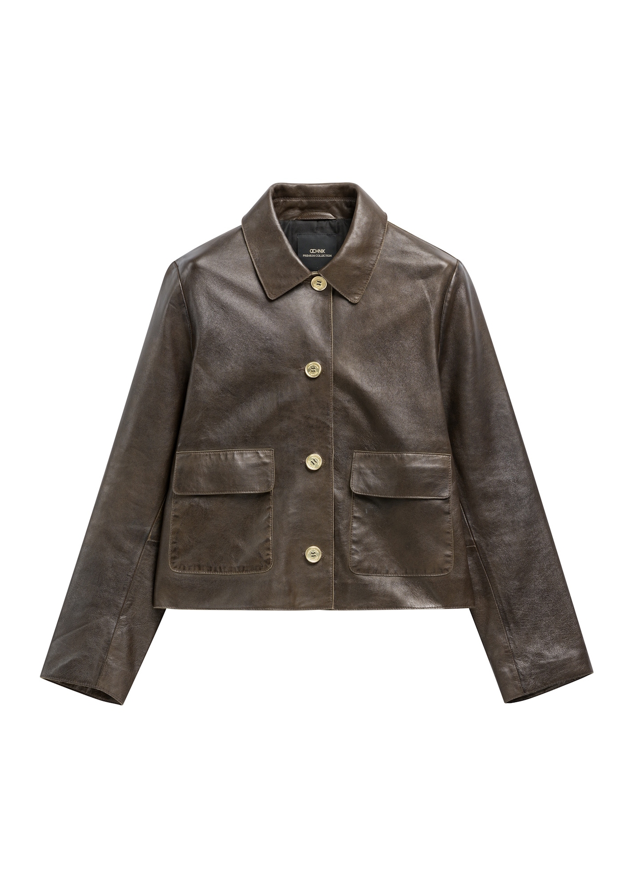 Brown women's leather short jacket KURDS-0552-1H(Z26), front product view on white background.