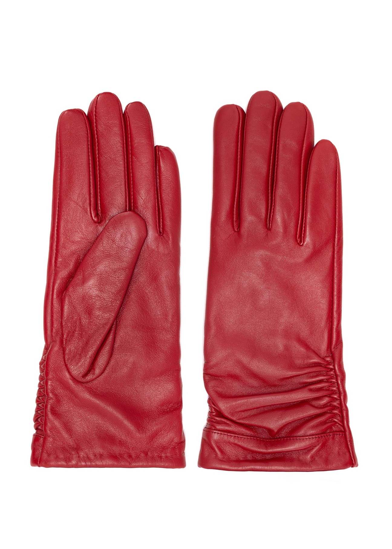 Red women's leather gloves REKDS-0096-42(Z25) - front product view on white background.