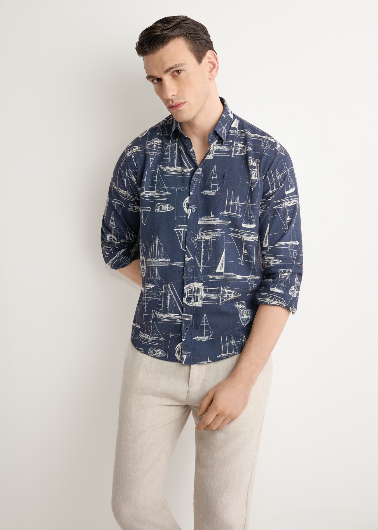 Navy blue linen men's shirt with print KOSMT-0362-7P(W26)