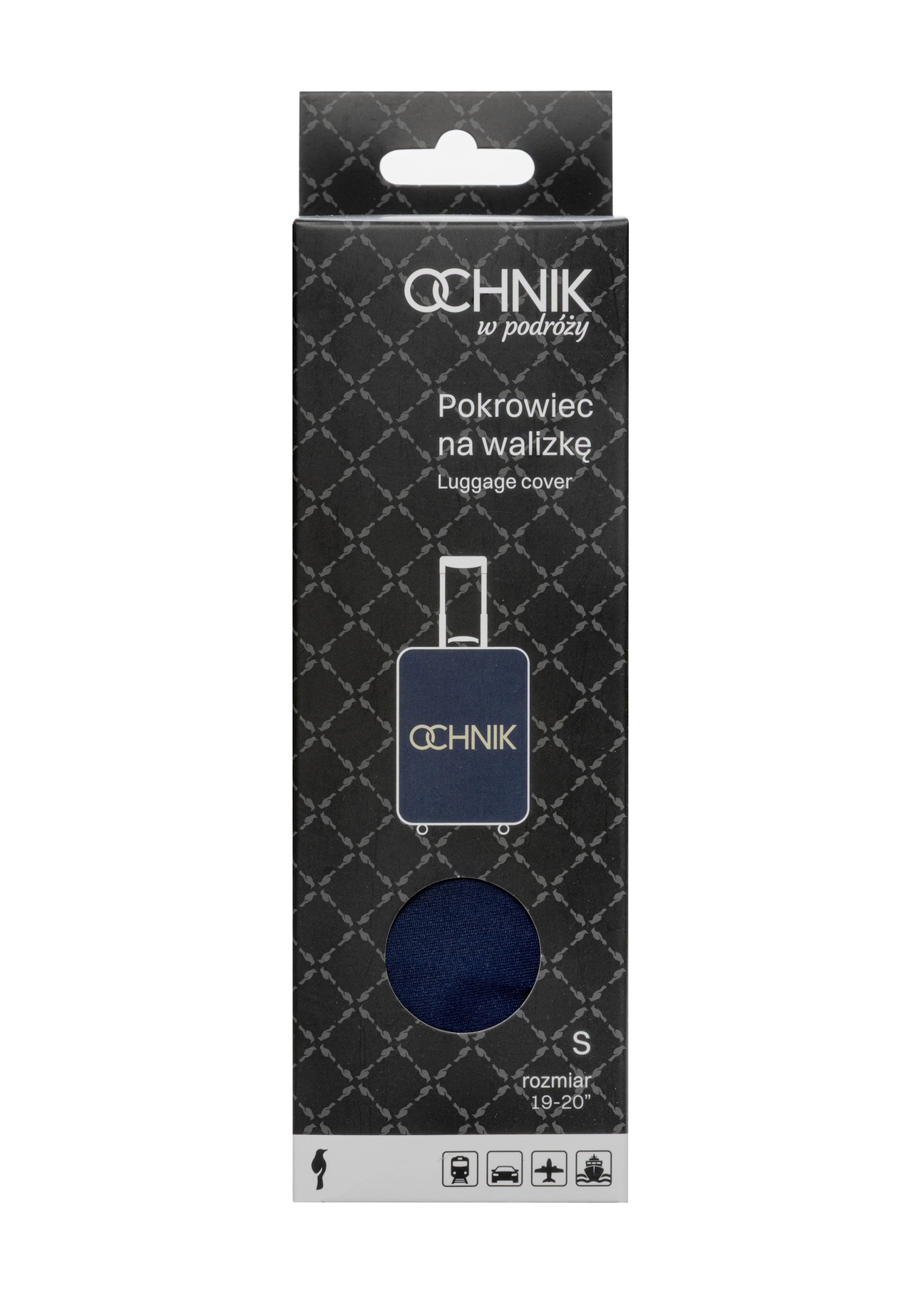 Navy blue cover for a small suitcase AW-013-0002-7D-S(W26), front view of the product in the packaging.