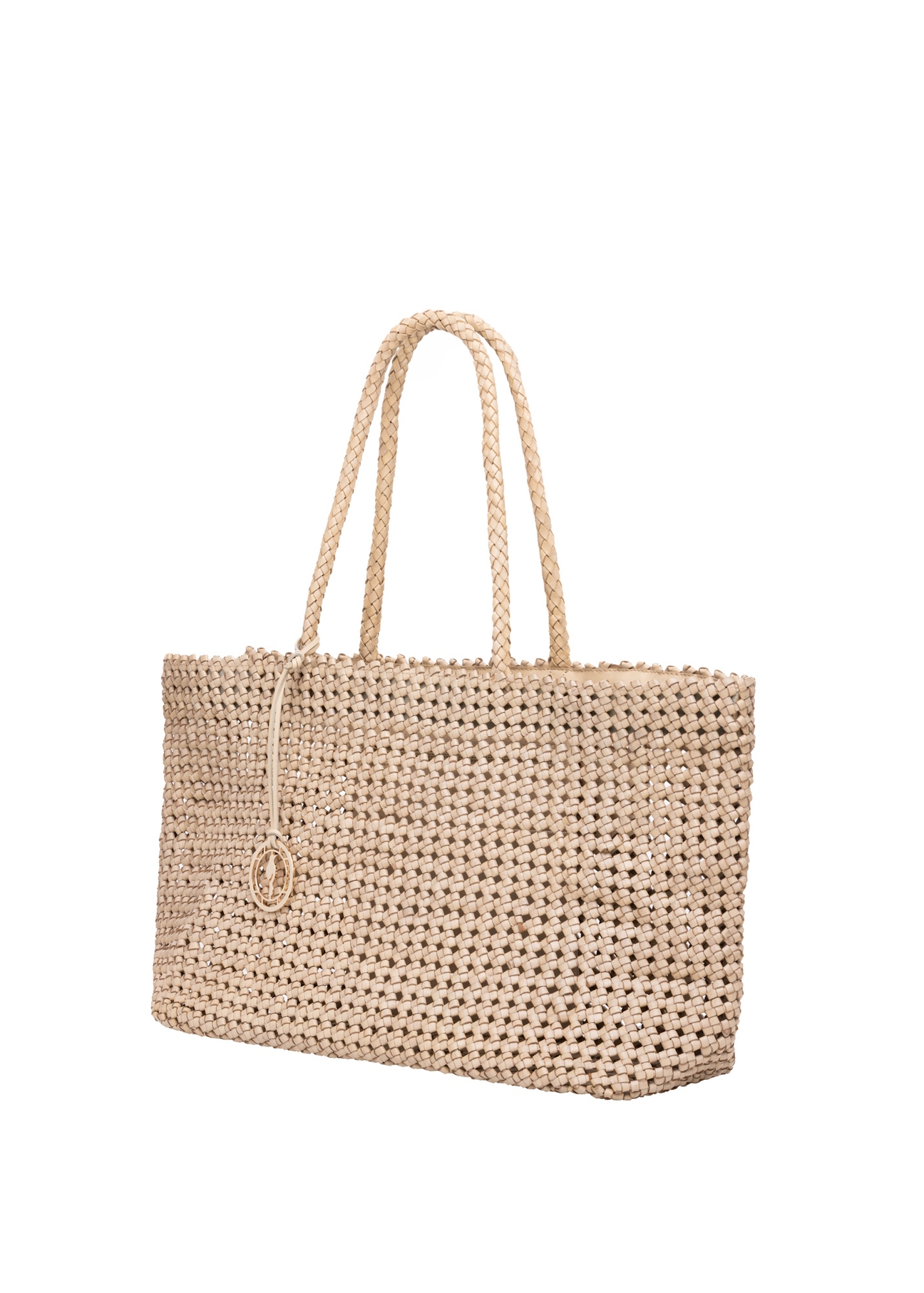 Beige leather woven handbag TORES-1300-0C(W26), diagonal product view on white background.