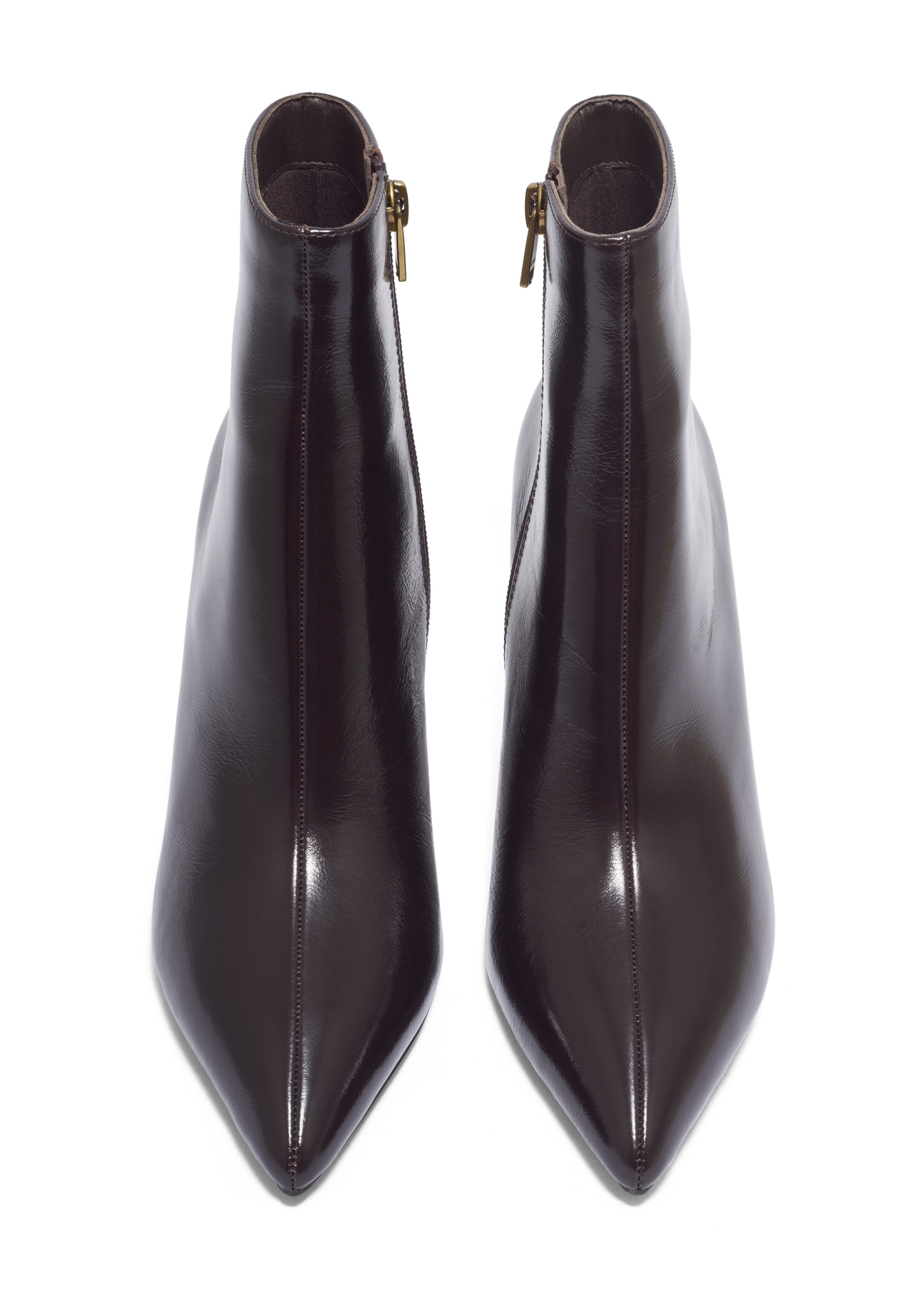 Dark brown leather stiletto ankle boots BUTYD-1122-1I(Z26). Front view on white background.