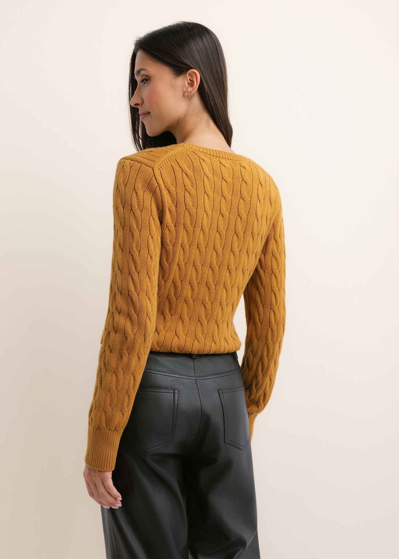 Mustard-colored women's cotton sweater SWEDT-0269-2D(Z26), back view on a model. Half-body shot.