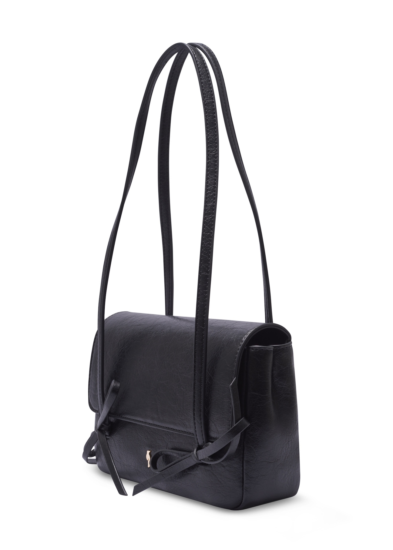 Small black women's handbag with bows TOREC-1379-99(Z26), diagonal product view on a white background.
