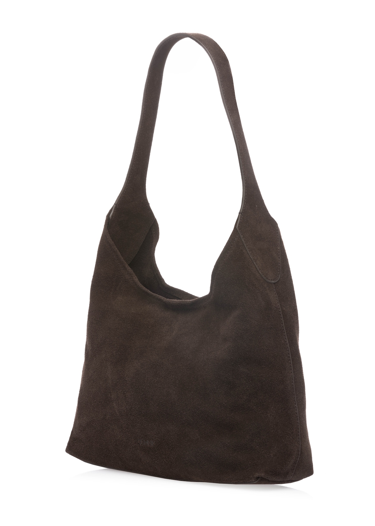 Brown suede women's handbag TORES-1308-1I(W26), diagonal product view on white background.