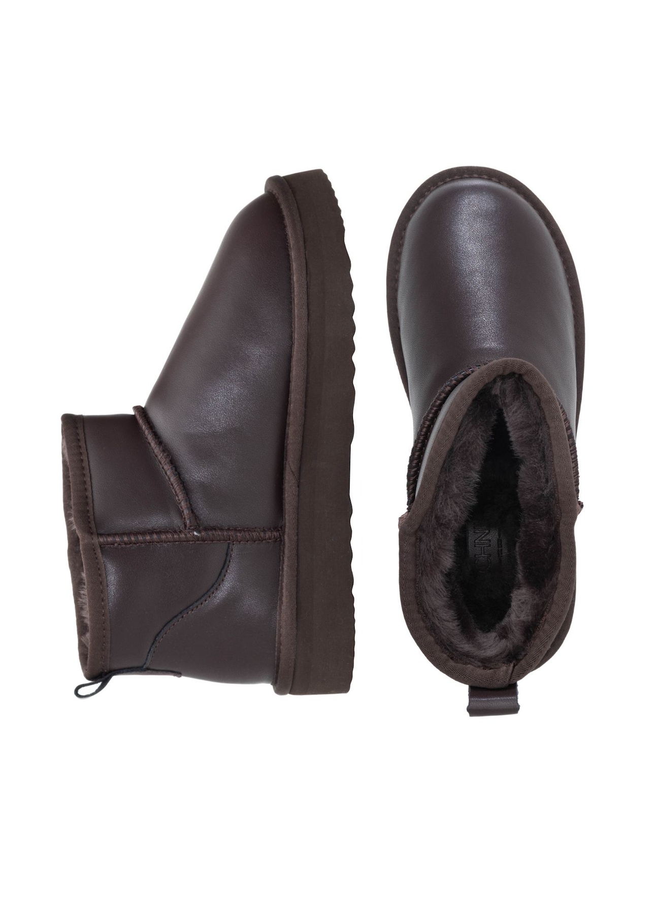 Dark brown leather women's snow boots BUTYD-1219-1I(Z26), product view from above on a white background.