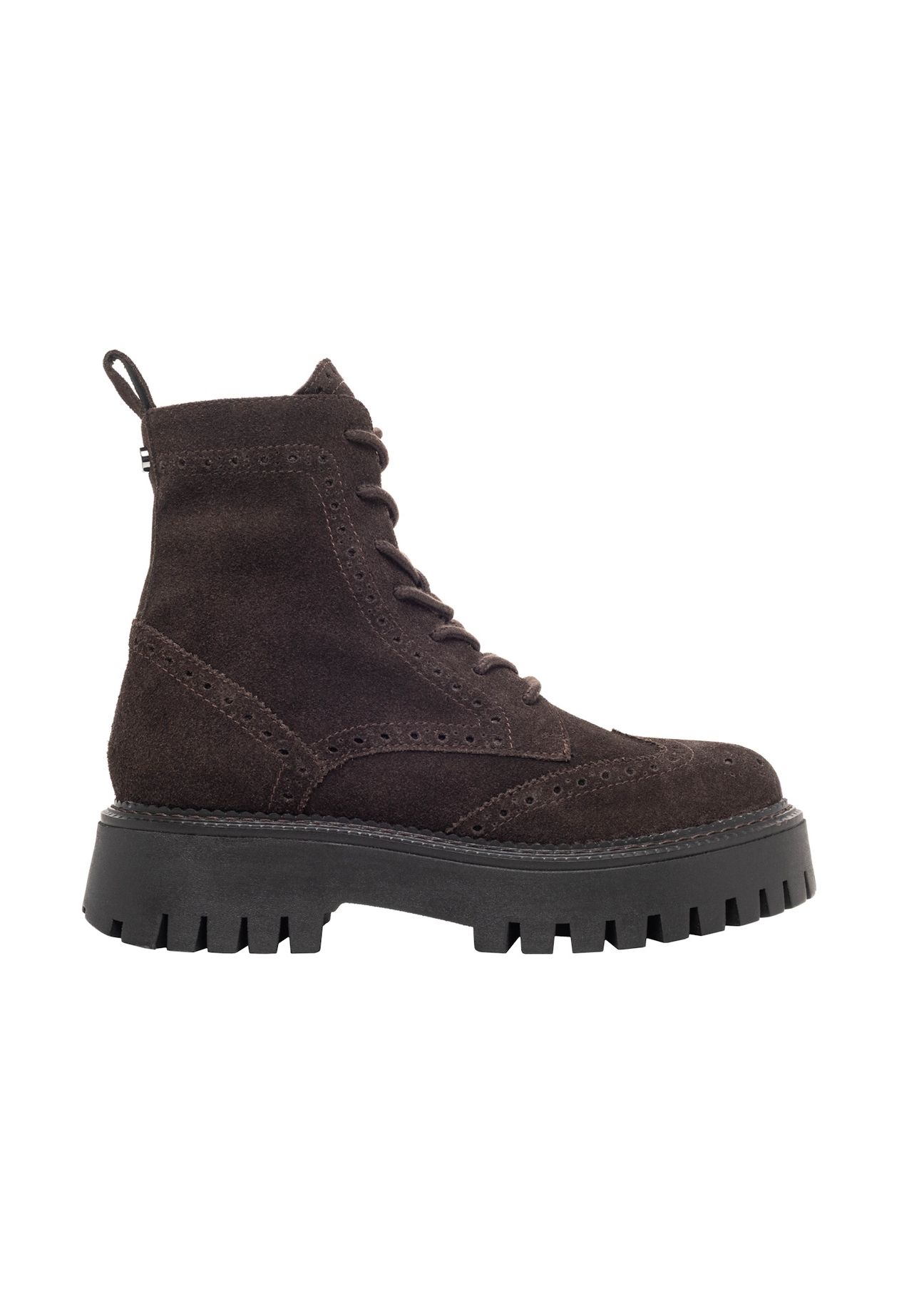 Women's suede ankle boots in brown color BUTYD-1289-1I(Z26), side view of the product on a white background.
