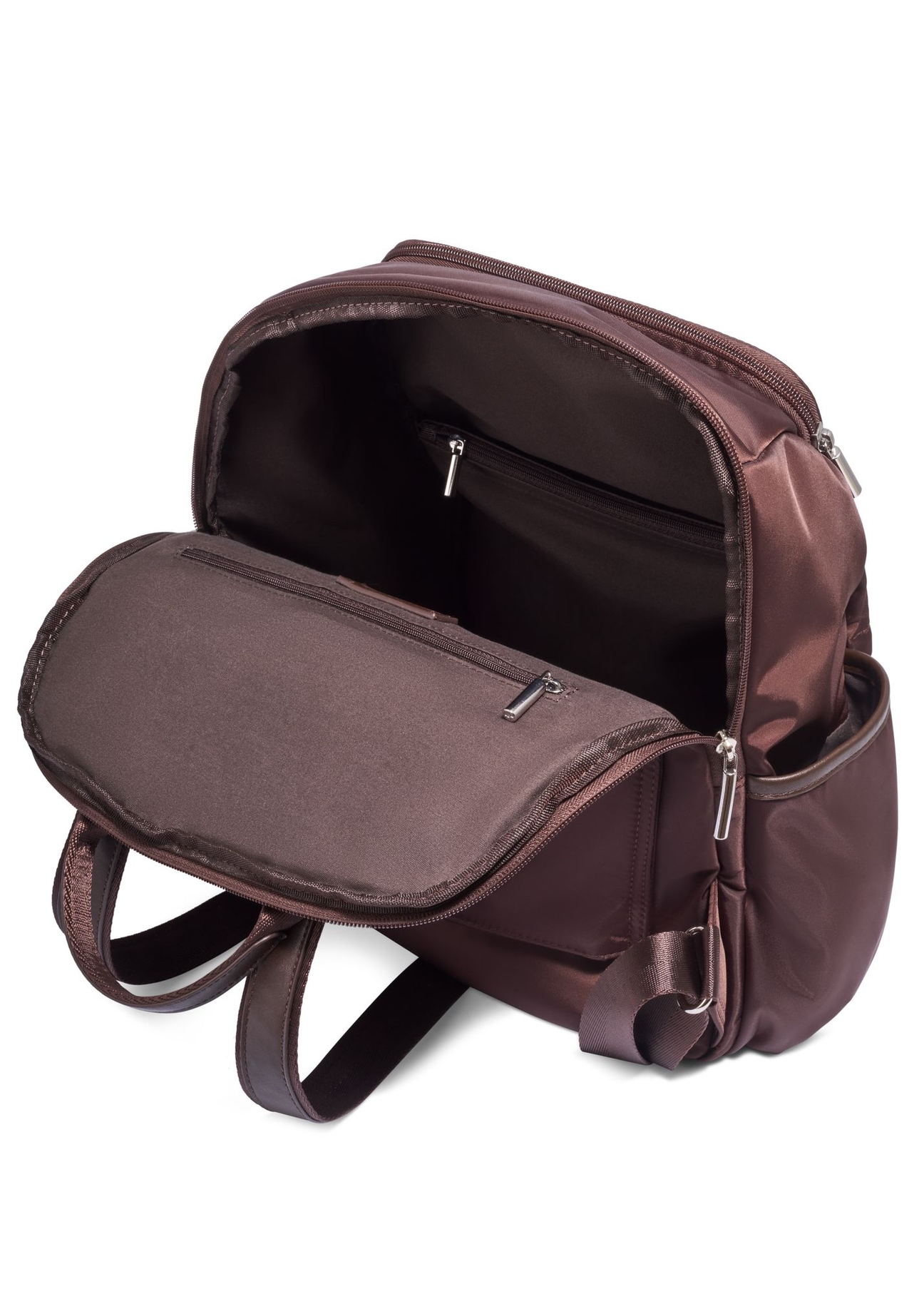 Brown women's backpack TOREN-0357-1I(Z26), product view inside on white background.