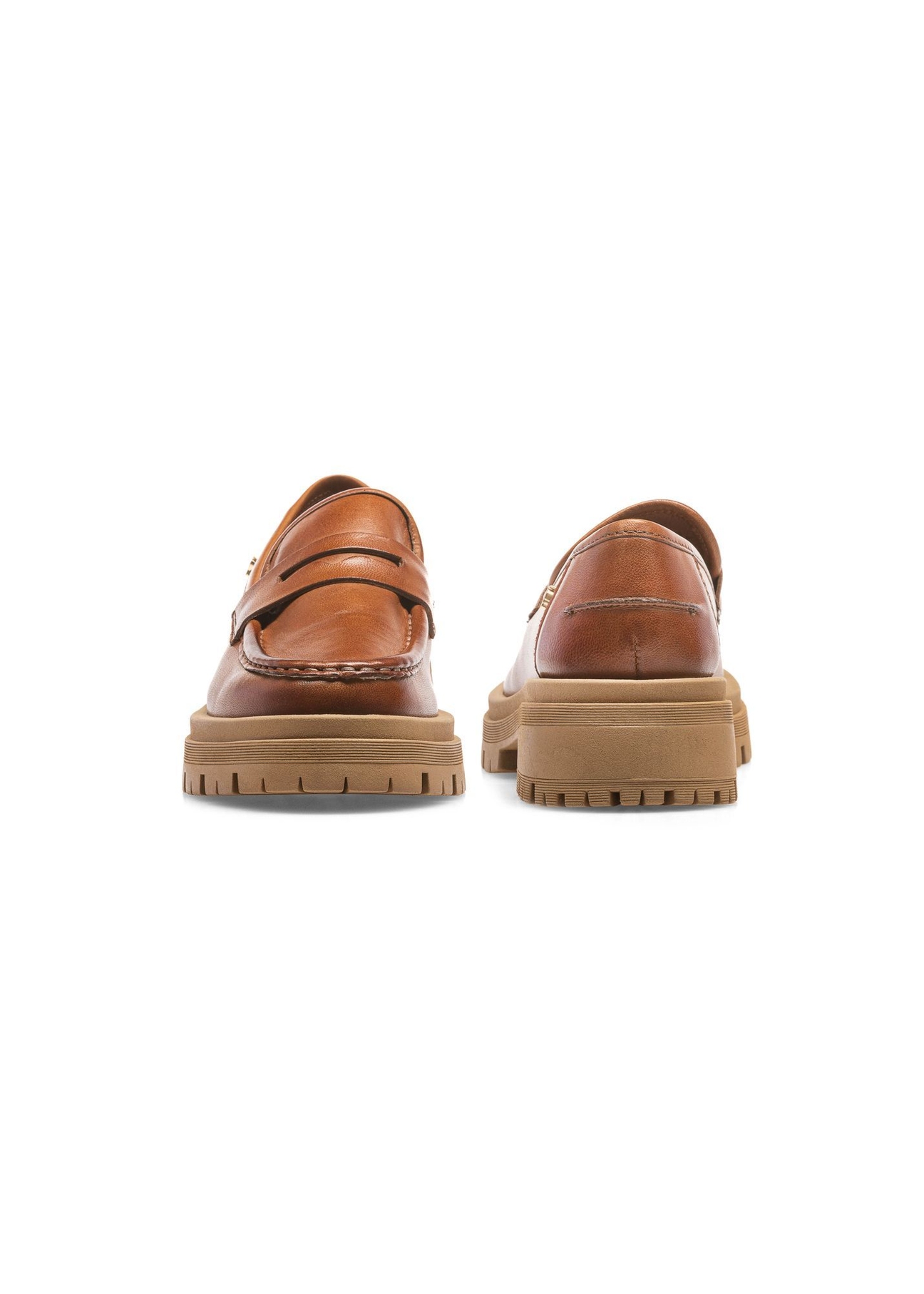 Cognac leather platform loafers BUTYD-1069-1F(W26), front and back product view on white background.