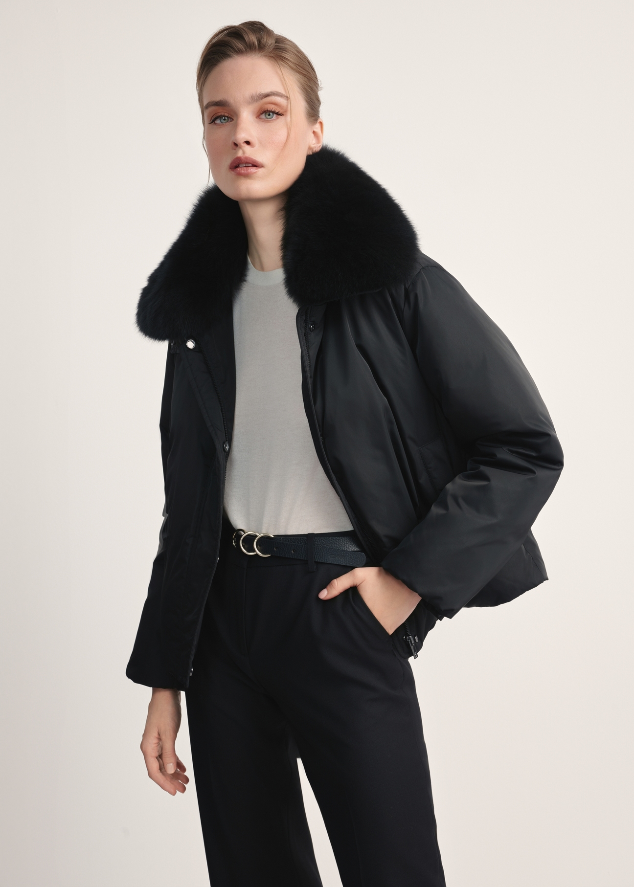 Black women's winter jacket with natural fur KURDT-0593-99(Z25)