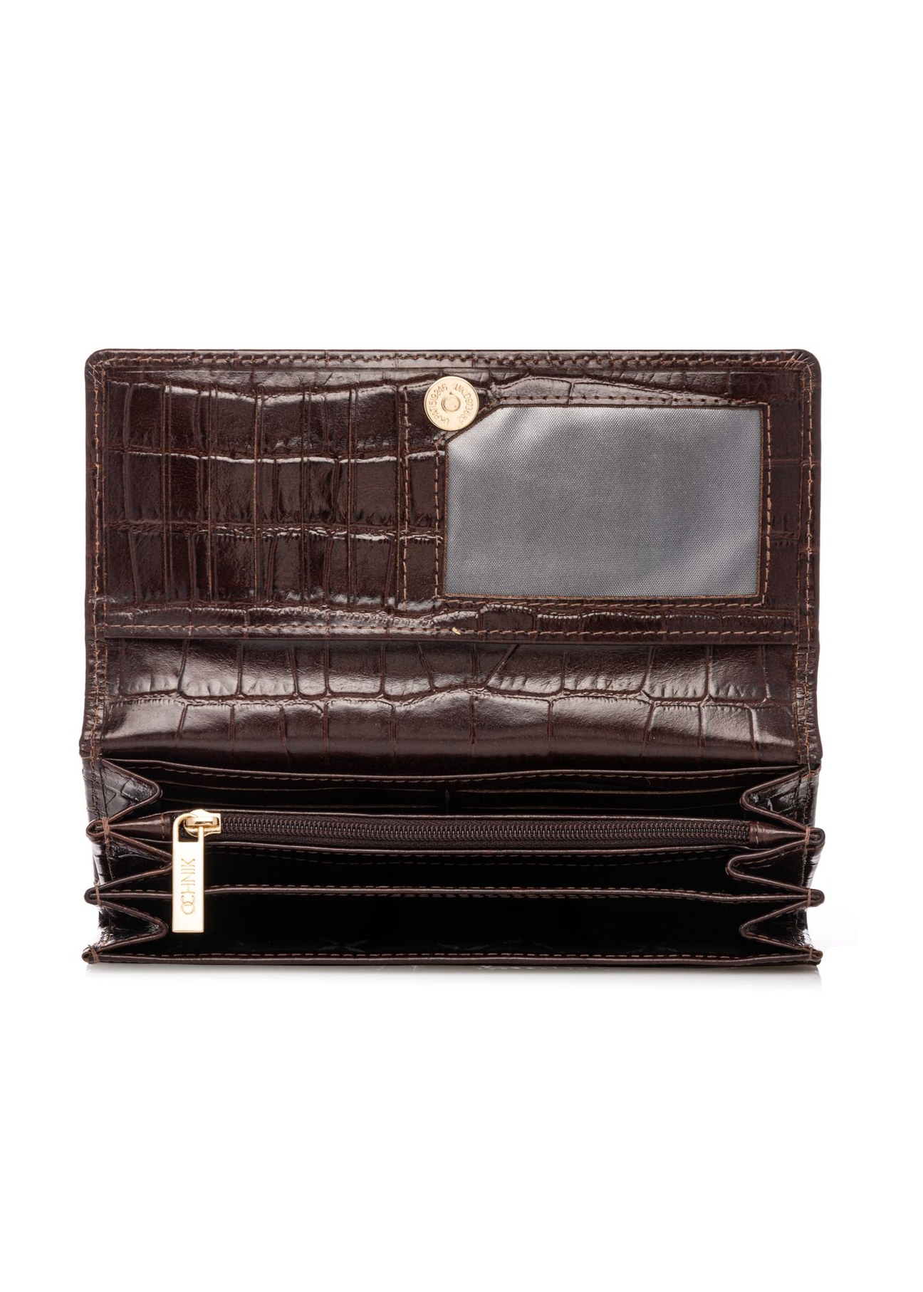 Brown leather women's croco wallet PORES-0889-1H(W26) - product view from above, on a white background.