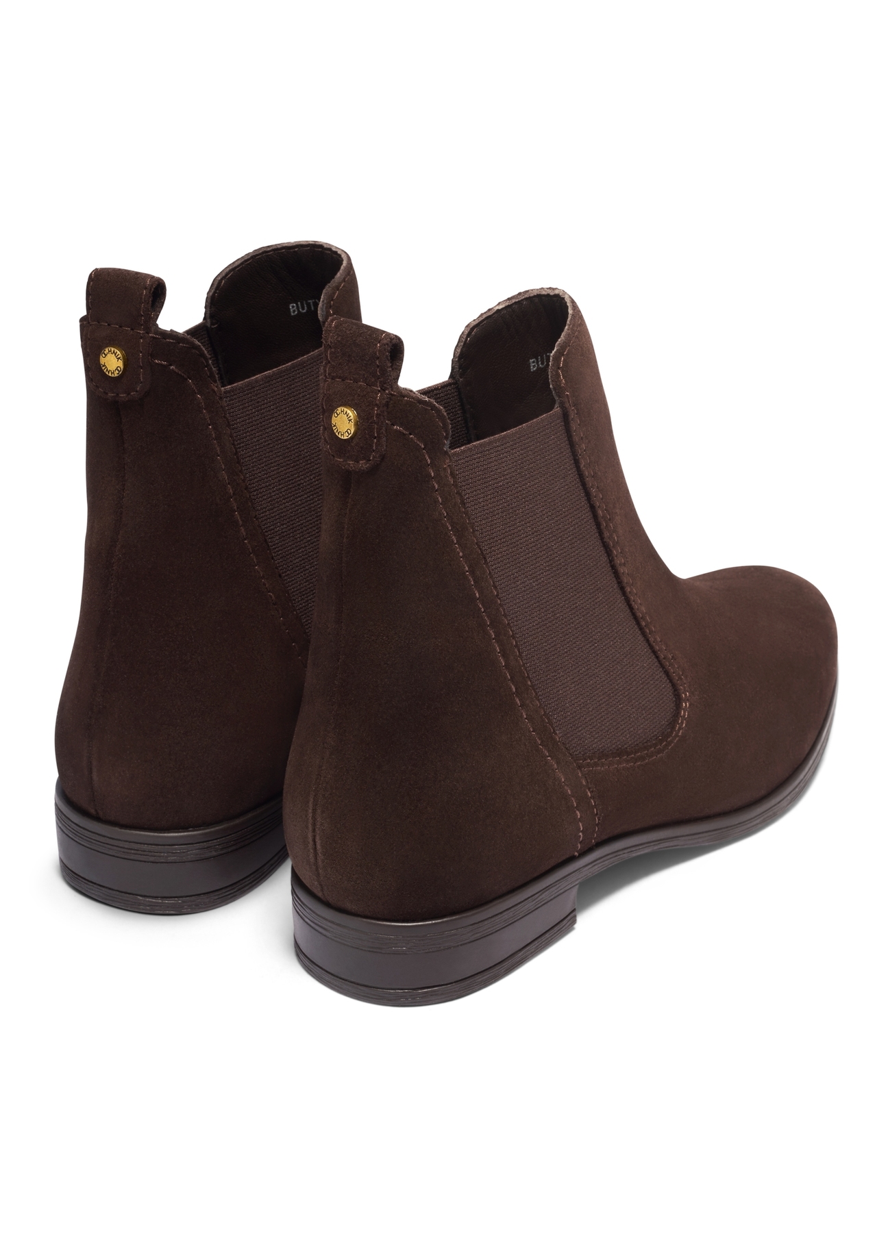 Women's brown suede ankle boots BUTYD-1009-1I(Z26), rear view on a white background.