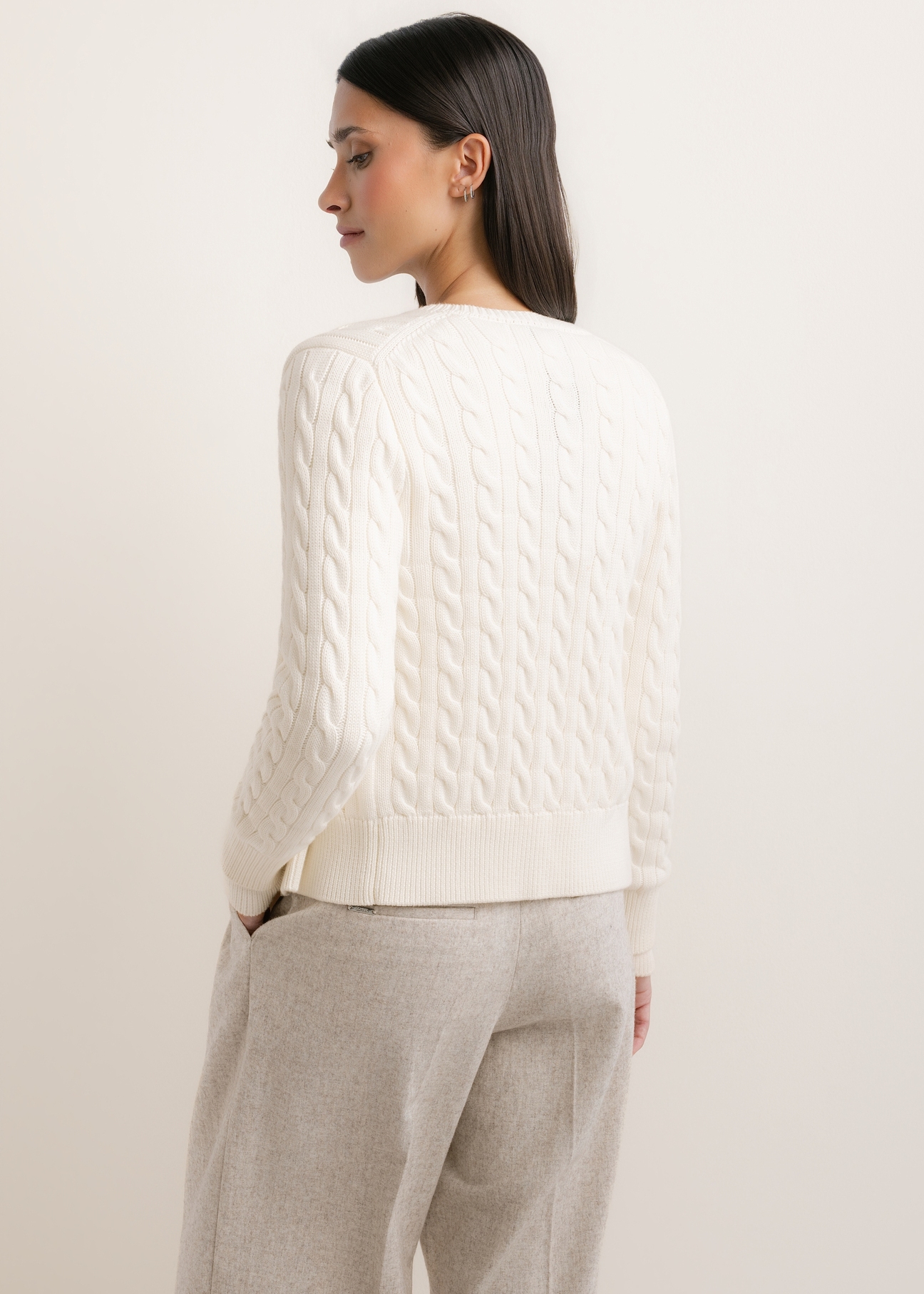 Cream cotton women's cardigan KARDT-0067-0B(Z26), back view on a model. Half of the figure is visible.
