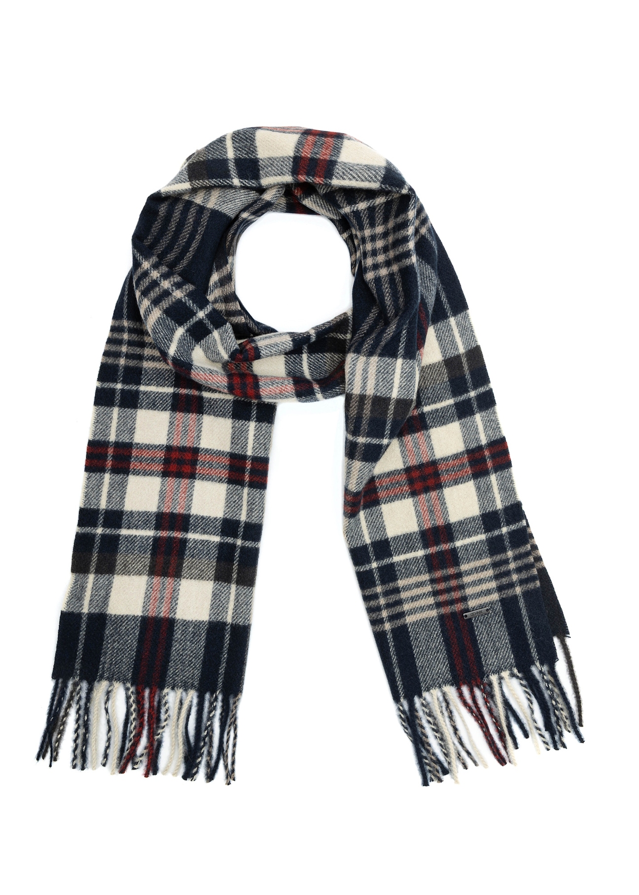 Navy blue men's checkered scarf SZAMT-0085-69(Z25), front product view on white background.