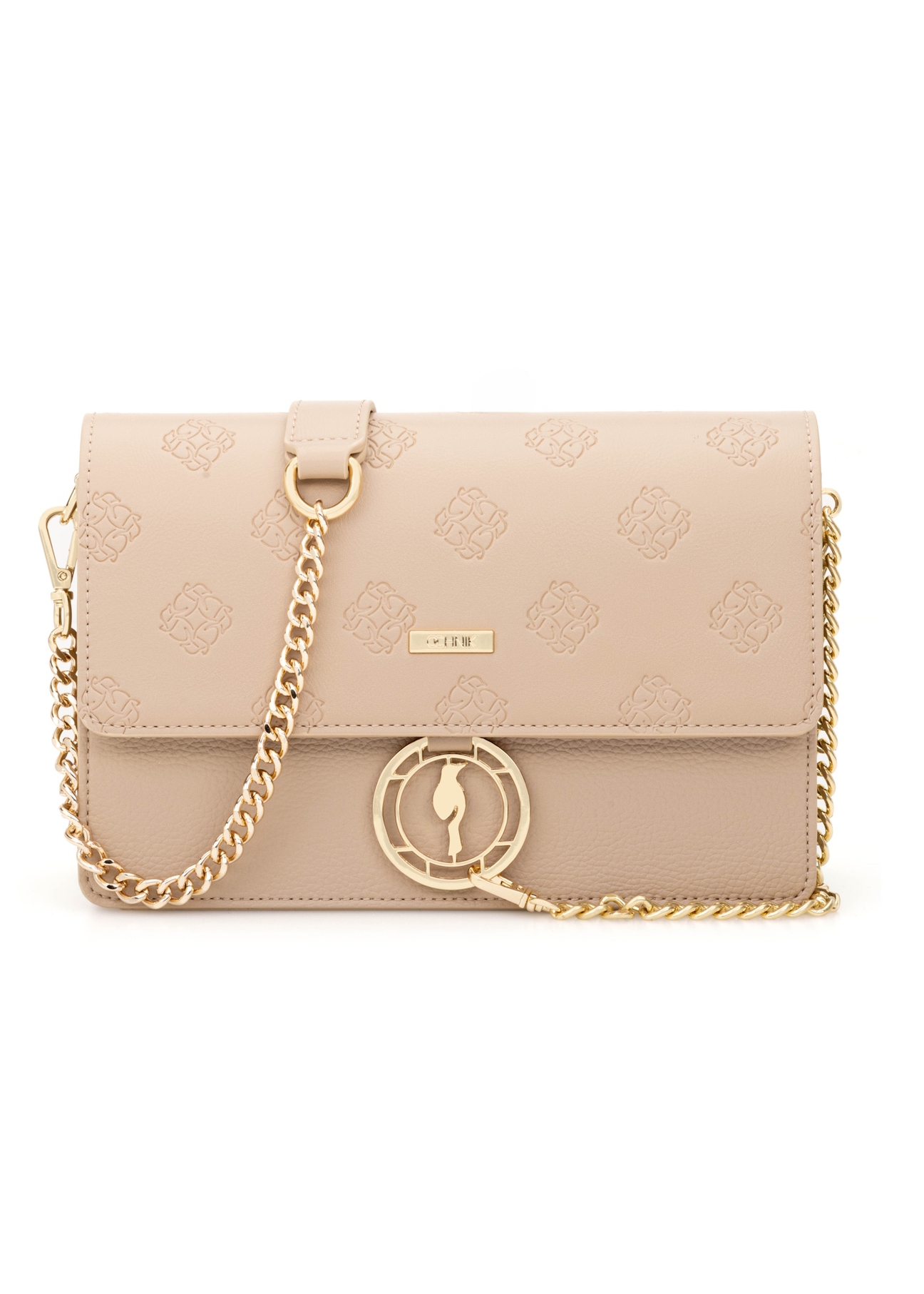 Beige women's handbag with monogram TOREC-0536-1P(W26), front product view on white background.
