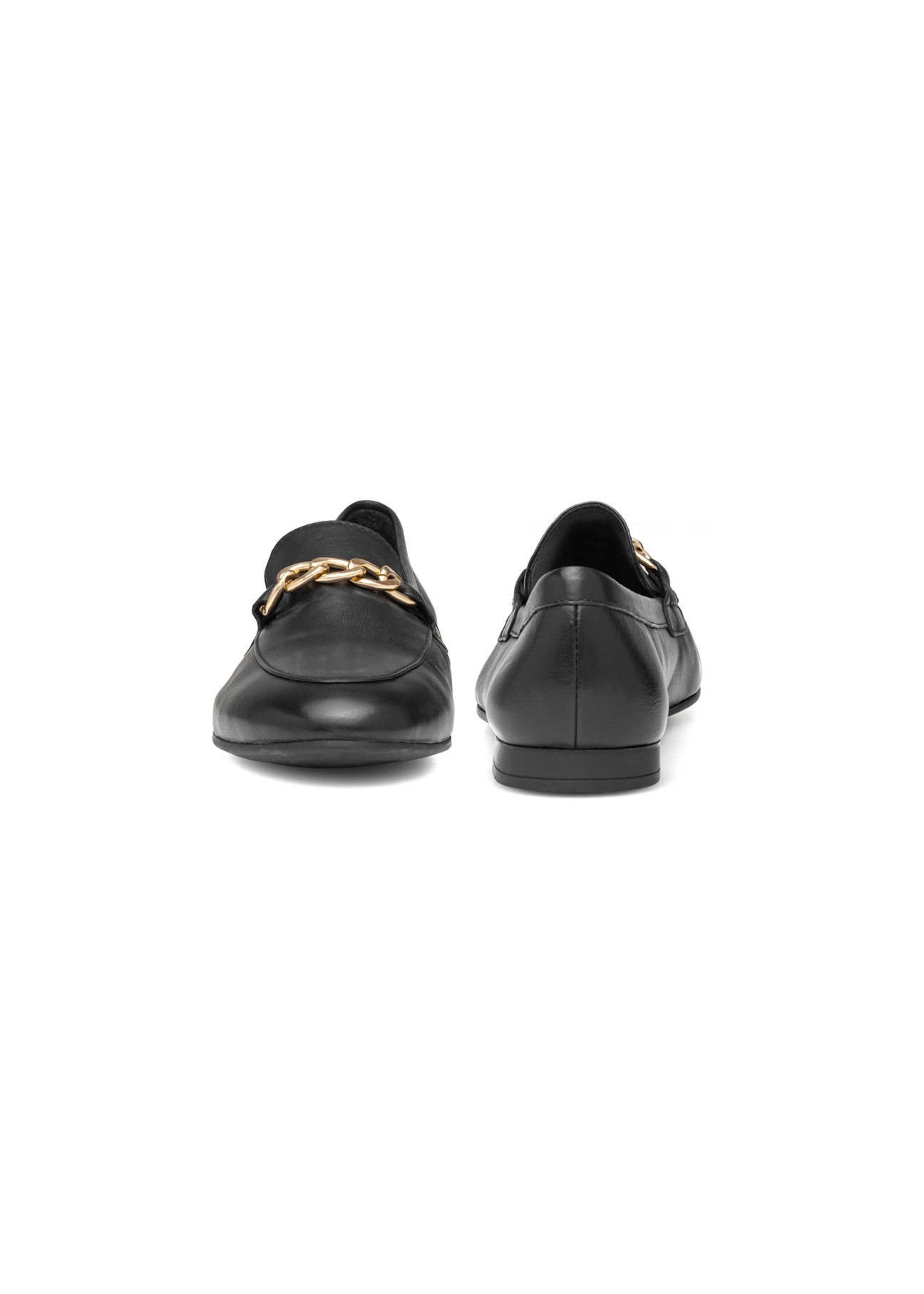 Women's leather black loafers with chain BUTYD-0914A-99(W26), front and back product view on white background.