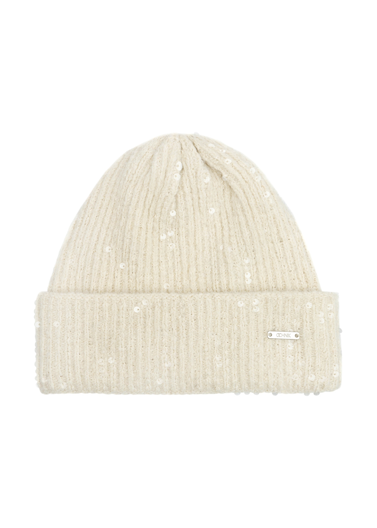 Cream women's hat with sequins CZADT-0203-16(Z25), front product view on a white background.
