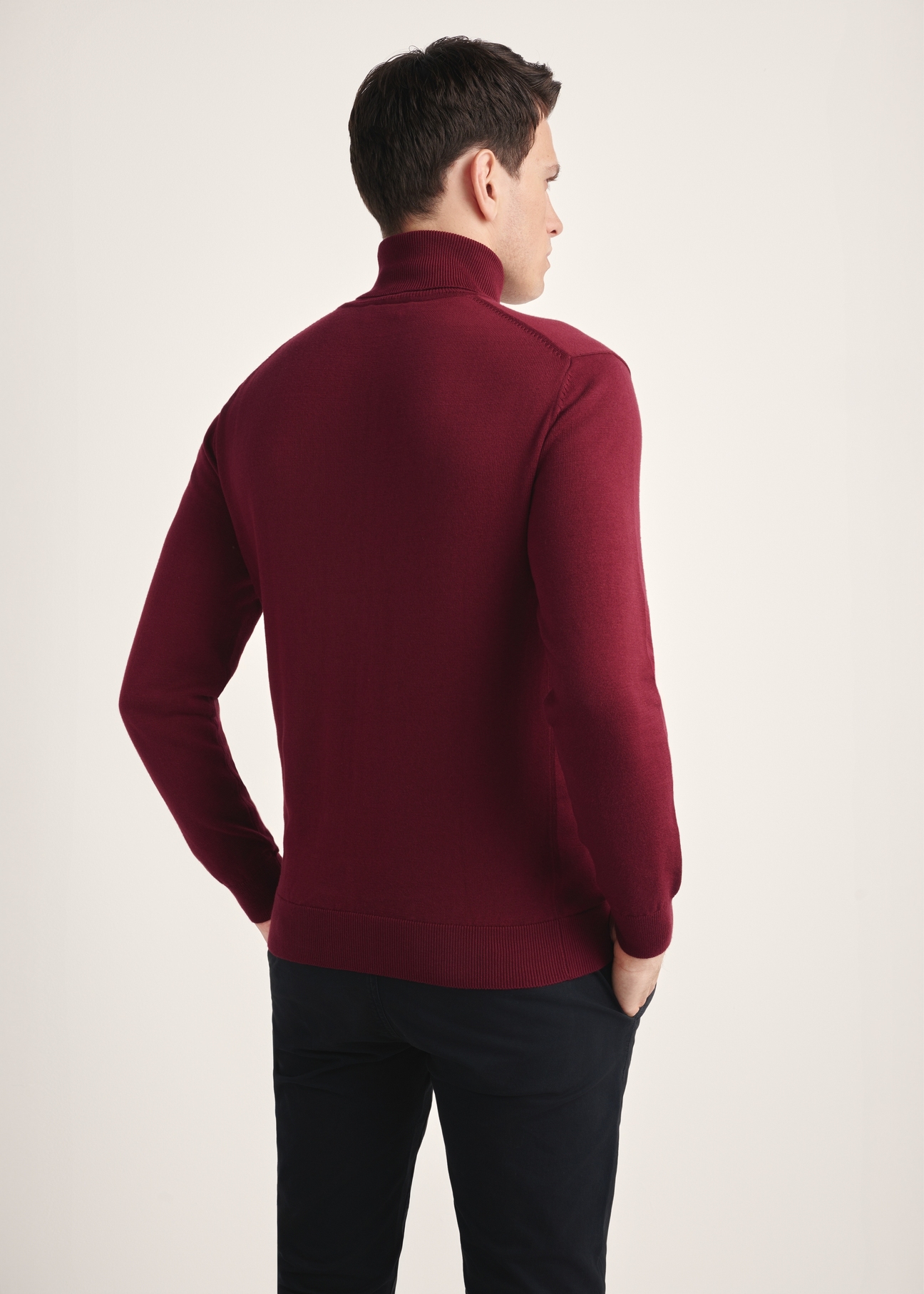 Burgundy men's turtleneck sweater SWEMT-0095B-49(Z25), product view from the back on the model. Half of the silhouette visible.