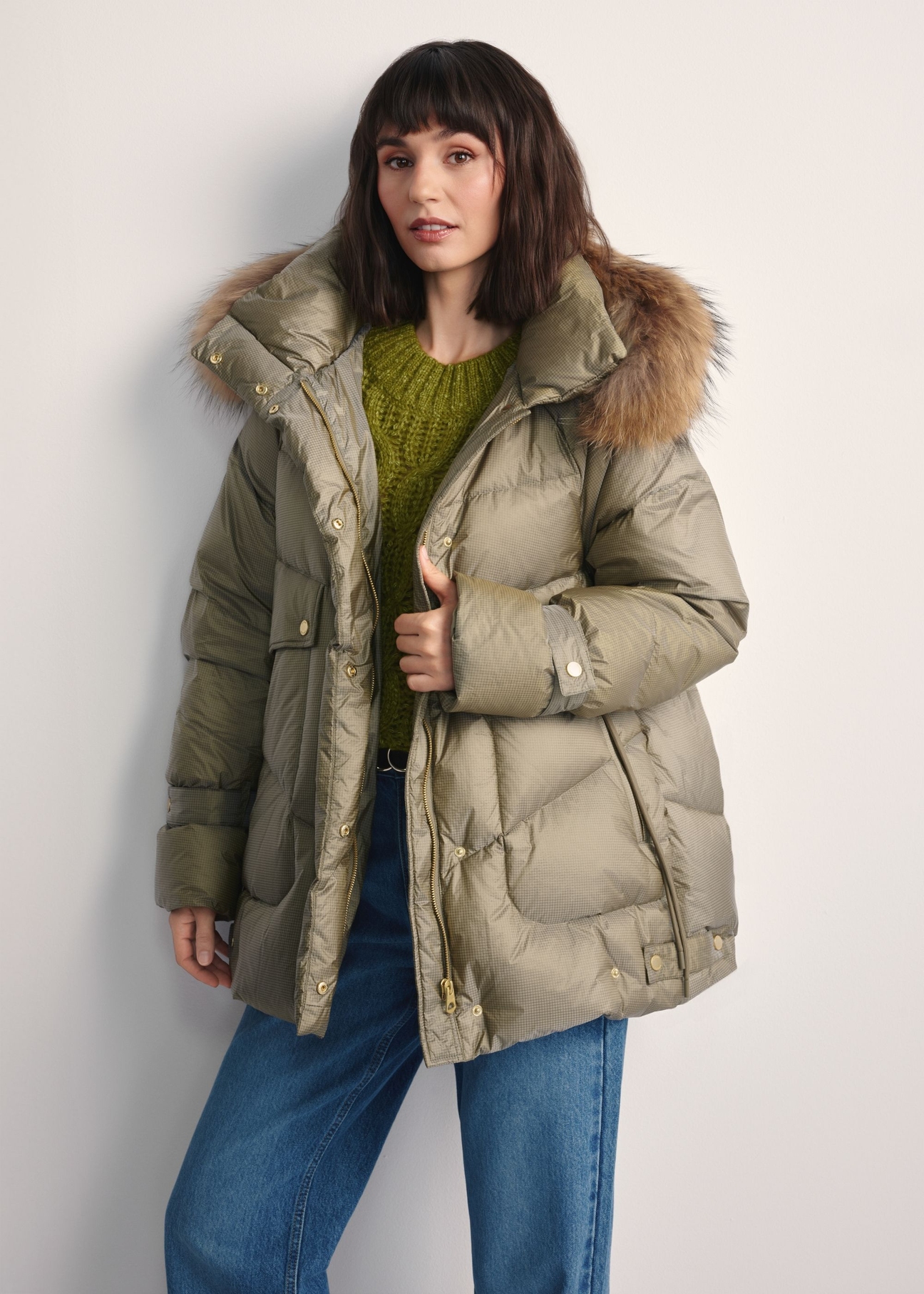 Women's olive green jacket with natural insulation KURDT-0619-57(Z25) - front product view on white background. Half silhouette visible.