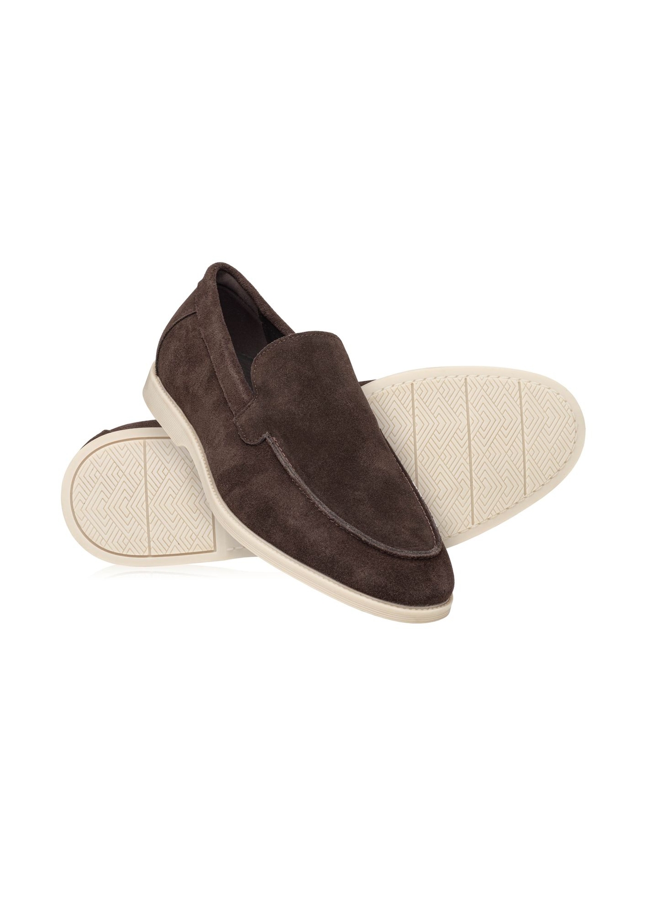 Dark brown suede men's moccasins BUTYM-0526-1I(W26), diagonal product view on white background.