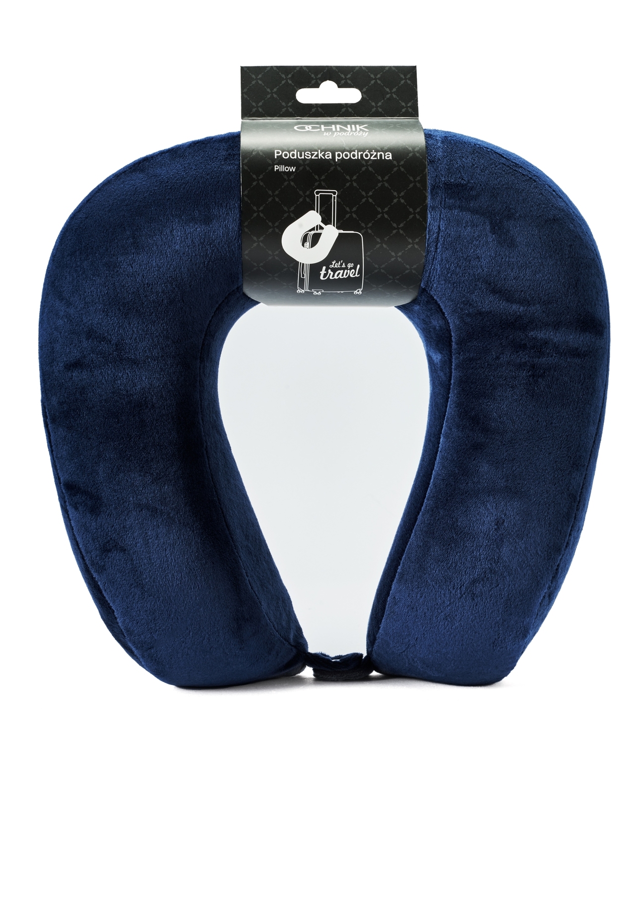 Navy blue travel pillow AW-014-0002-69(W25), product view from the front in the packaging on a white background.