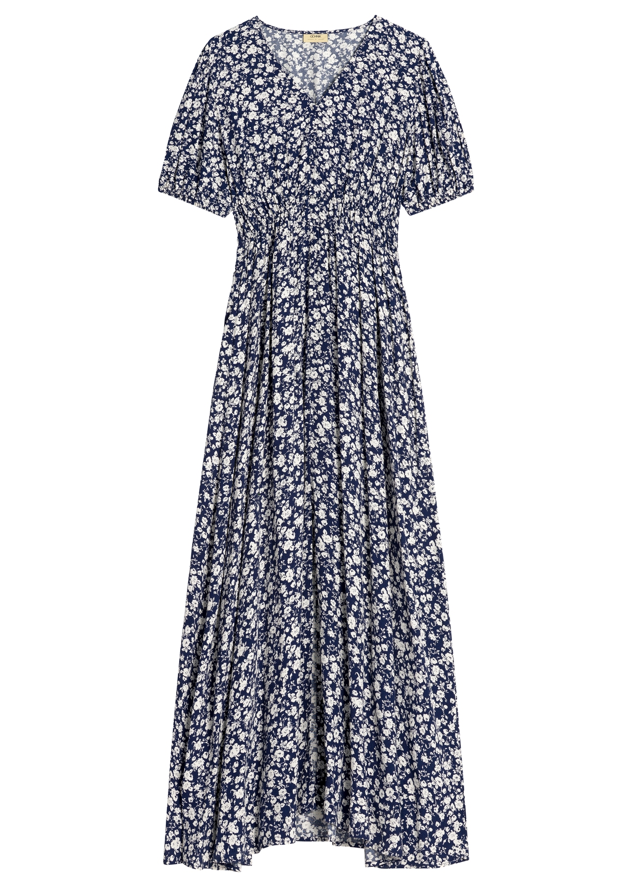 Long floral dress in navy blue SUKDT-0191-7I(W26) - front product view, on white background.