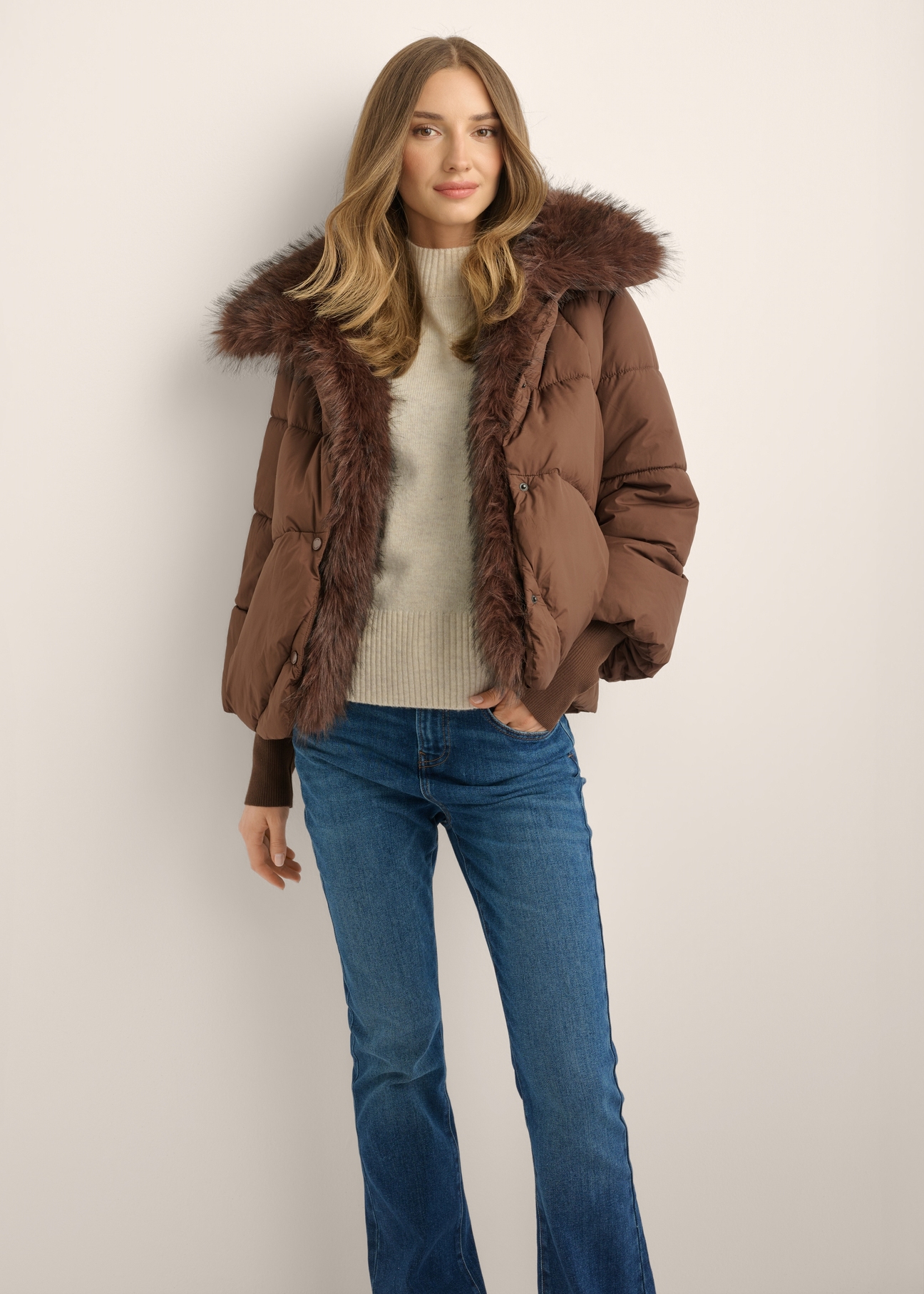 Women's brown jacket with detachable fur KURDT-0704-1H(Z26), front view of the product on the model. Full body visible.