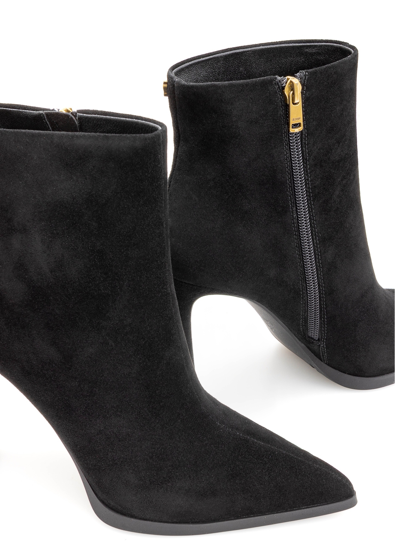 Black suede high heel ankle boots BUTYD-1207-99(Z25), close-up of the product detail on a white background.