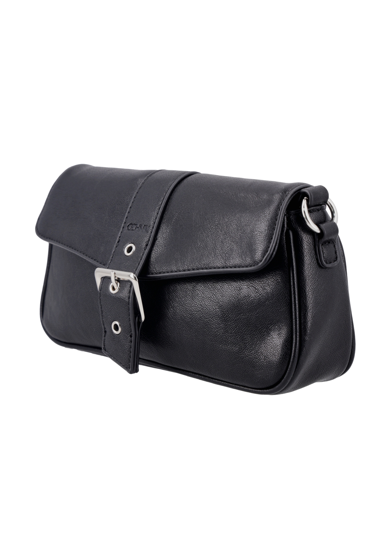 Black women's handbag with a buckle TOREC-1370-99(Z26), diagonal product view on a white background.