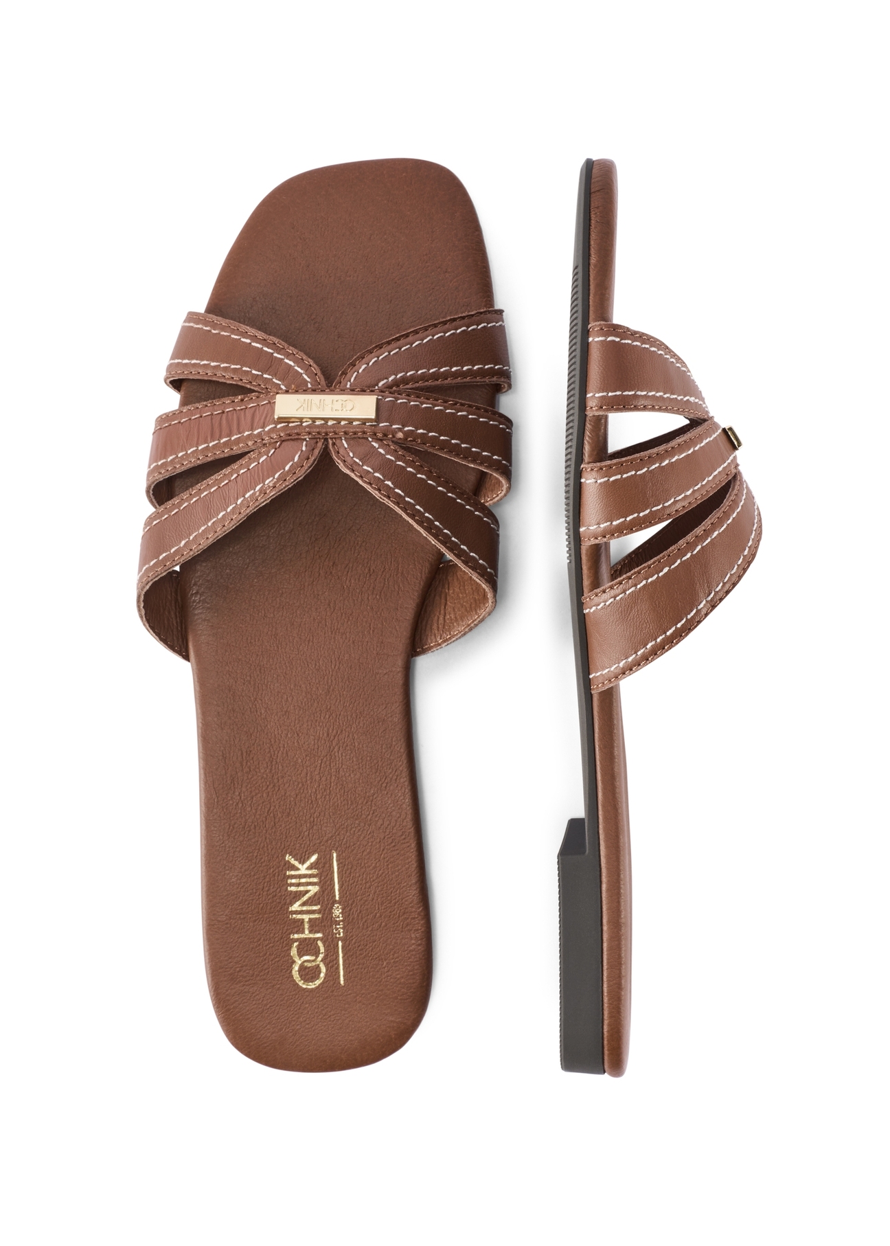 Women's camel flip-flops with stitching BUTYD-1223-1D(W26), product view from above on a white background.