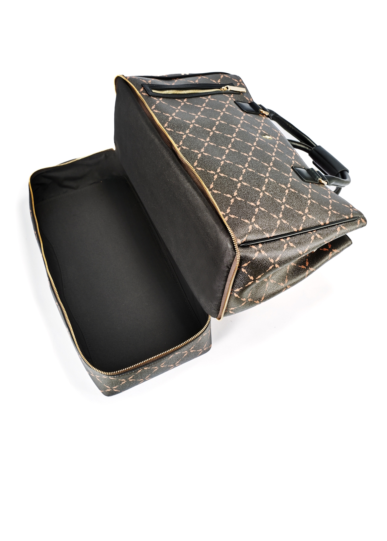 Brown monogrammed travel bag TOREC-1079-89(Z25), view of the open product pocket.