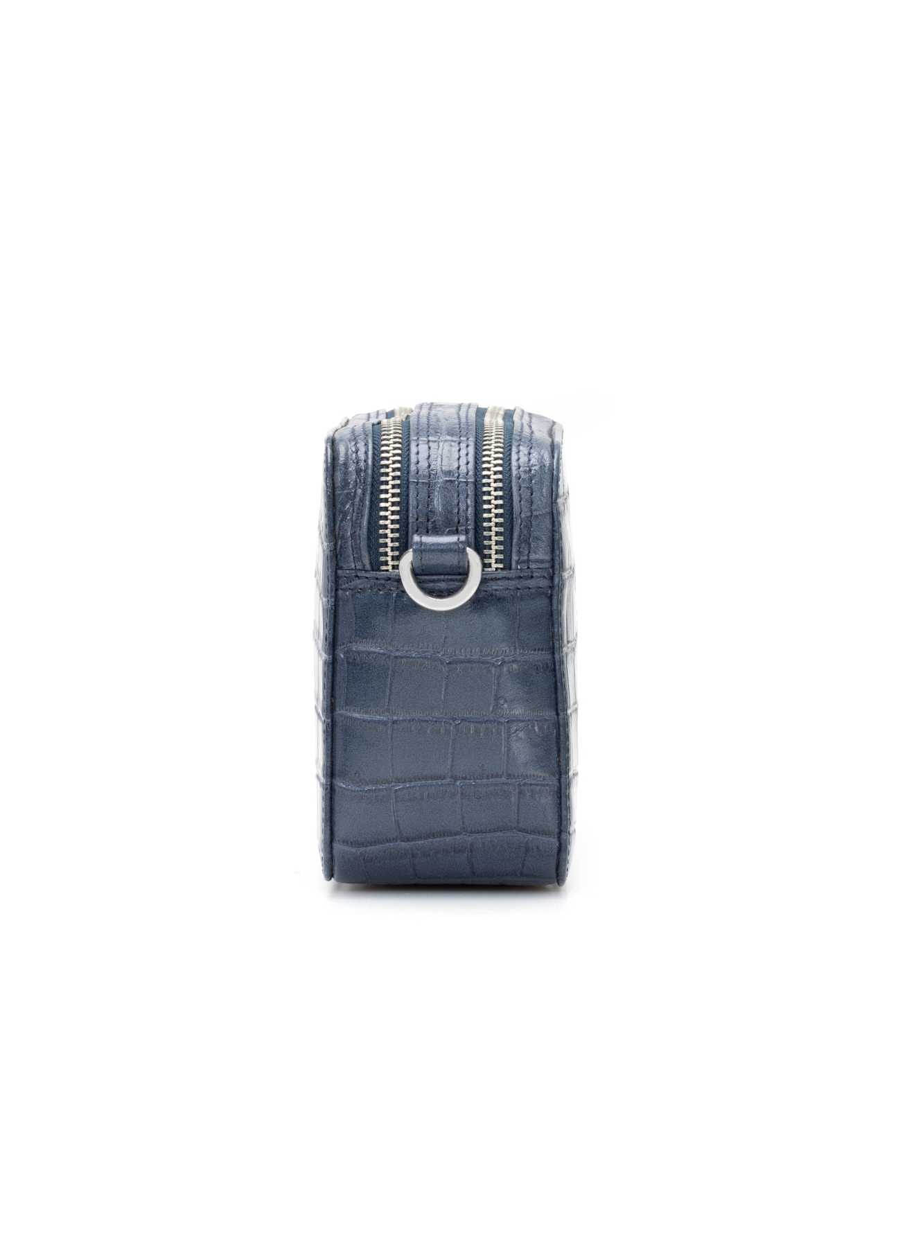 Small navy blue leather croco handbag TORES-1231-7D(W26), side product view on white background.