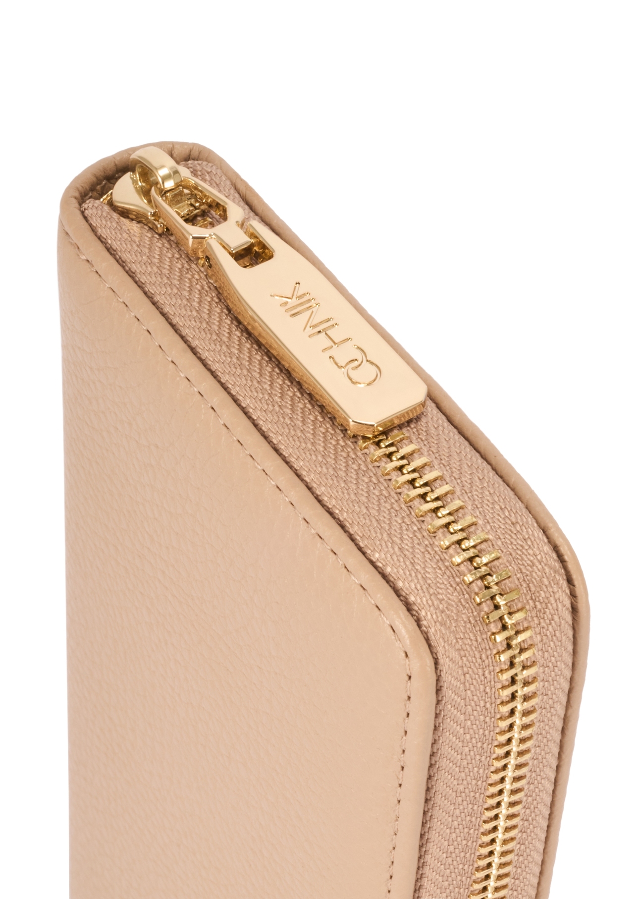 Beige leather women's wallet PORES-0800R-1B(W26) - close-up detail, on white background.