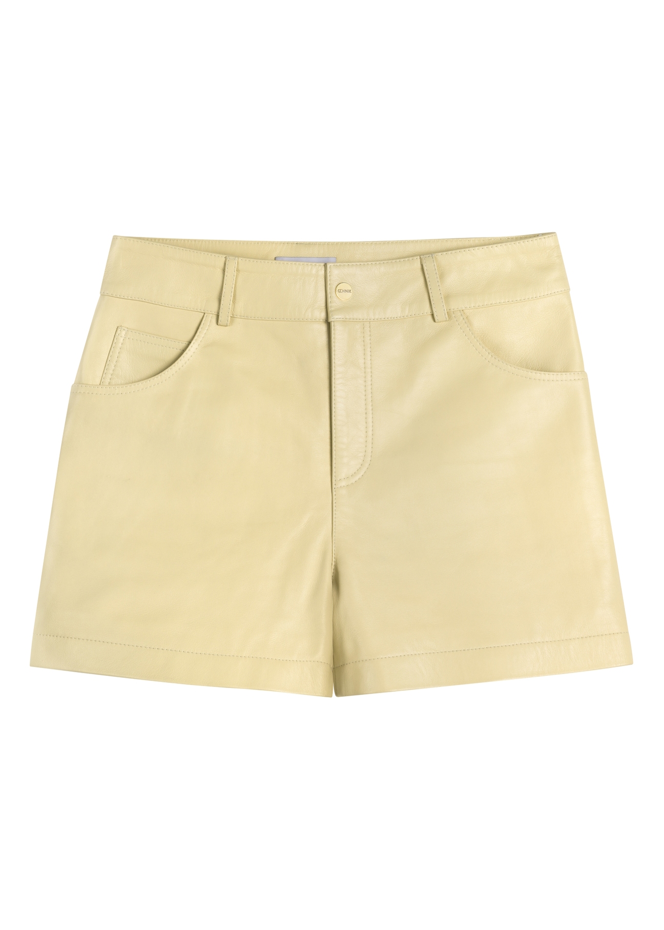 Women's leather light yellow shorts SPODS-0035-2A(W26), front product view on white background.