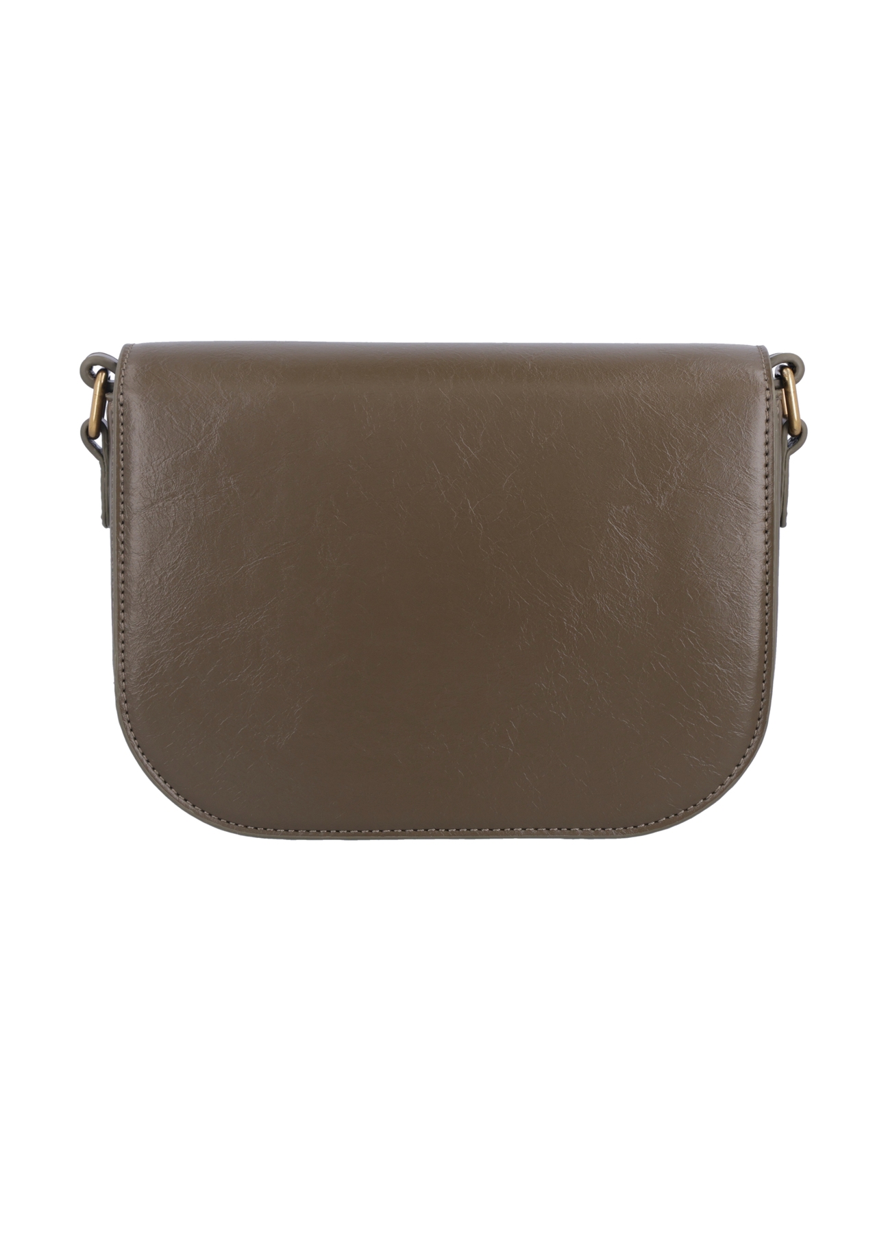 Small khaki women's messenger bag with decorative clasp TOREC-1243-8D(Z26), back view of the product on a white background.