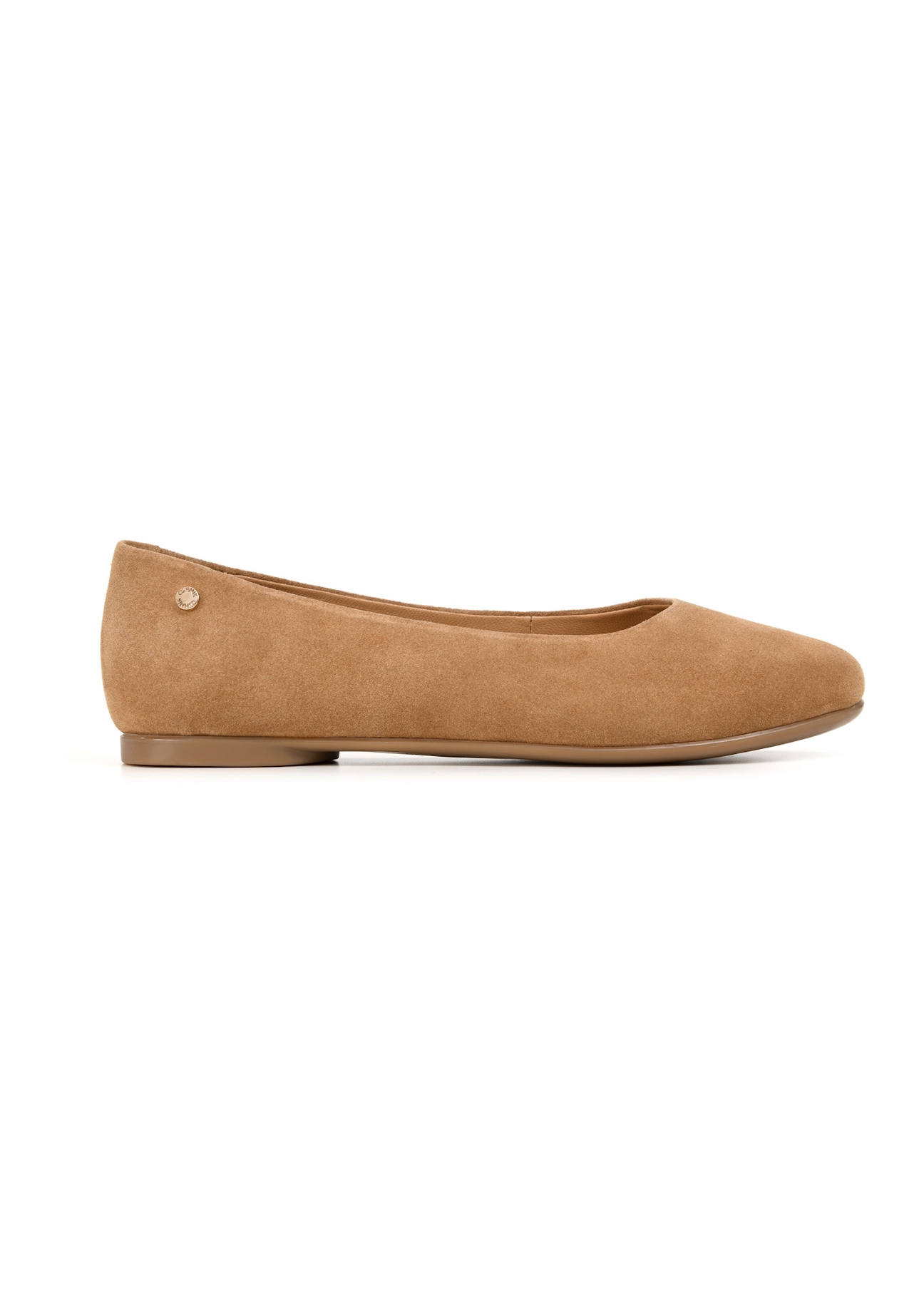 Women's suede ballet flats in beige color BUTYD-1247-1B(W26), side view of the product on a white background.