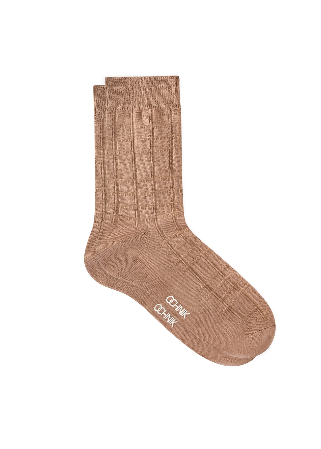 Dark beige men's long socks SKAMT-0201-1C(W26), side view of the product on a white background.