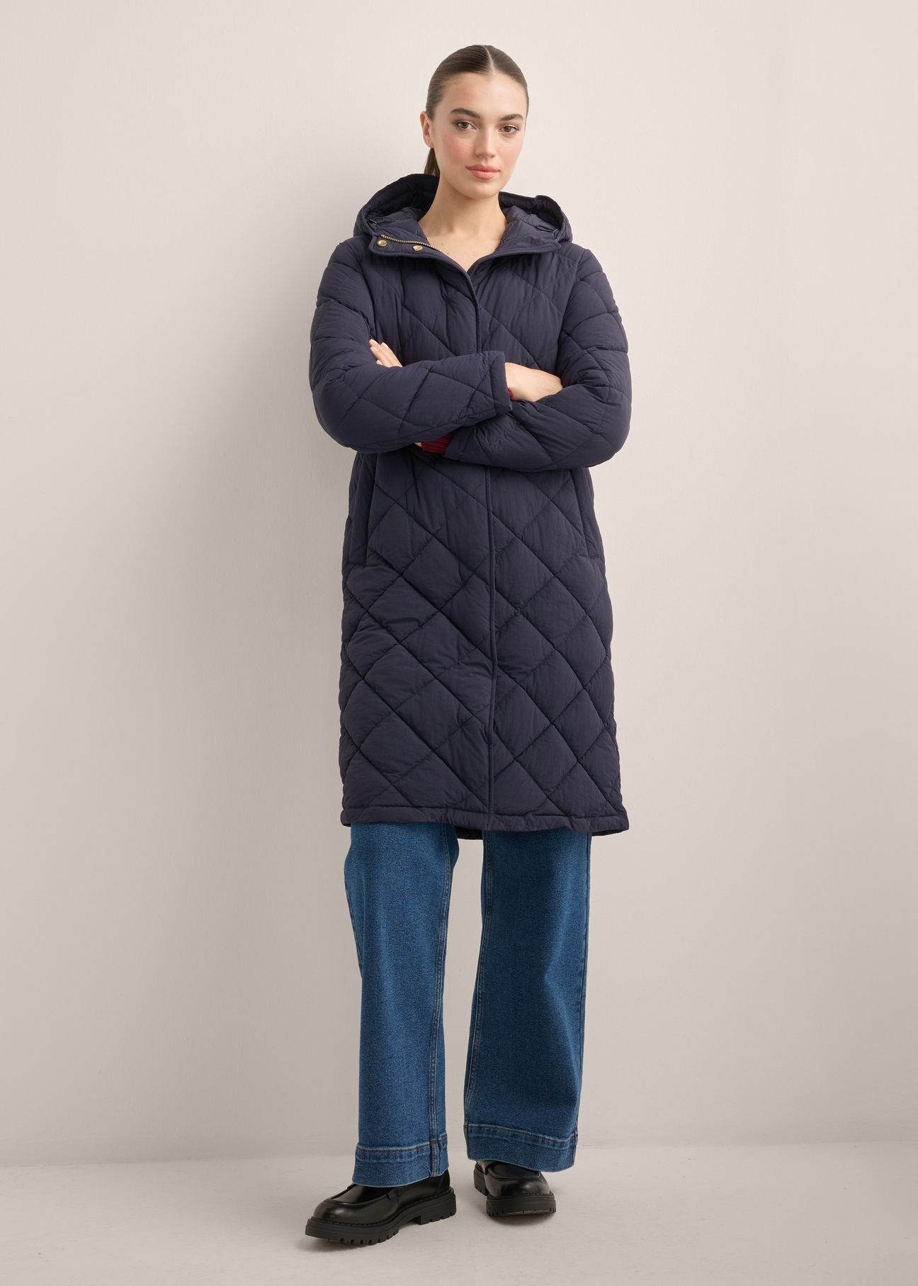 Navy blue women's quilted jacket KURDT-0667-7D(Z26), front view of the product on a model. Full body visible.