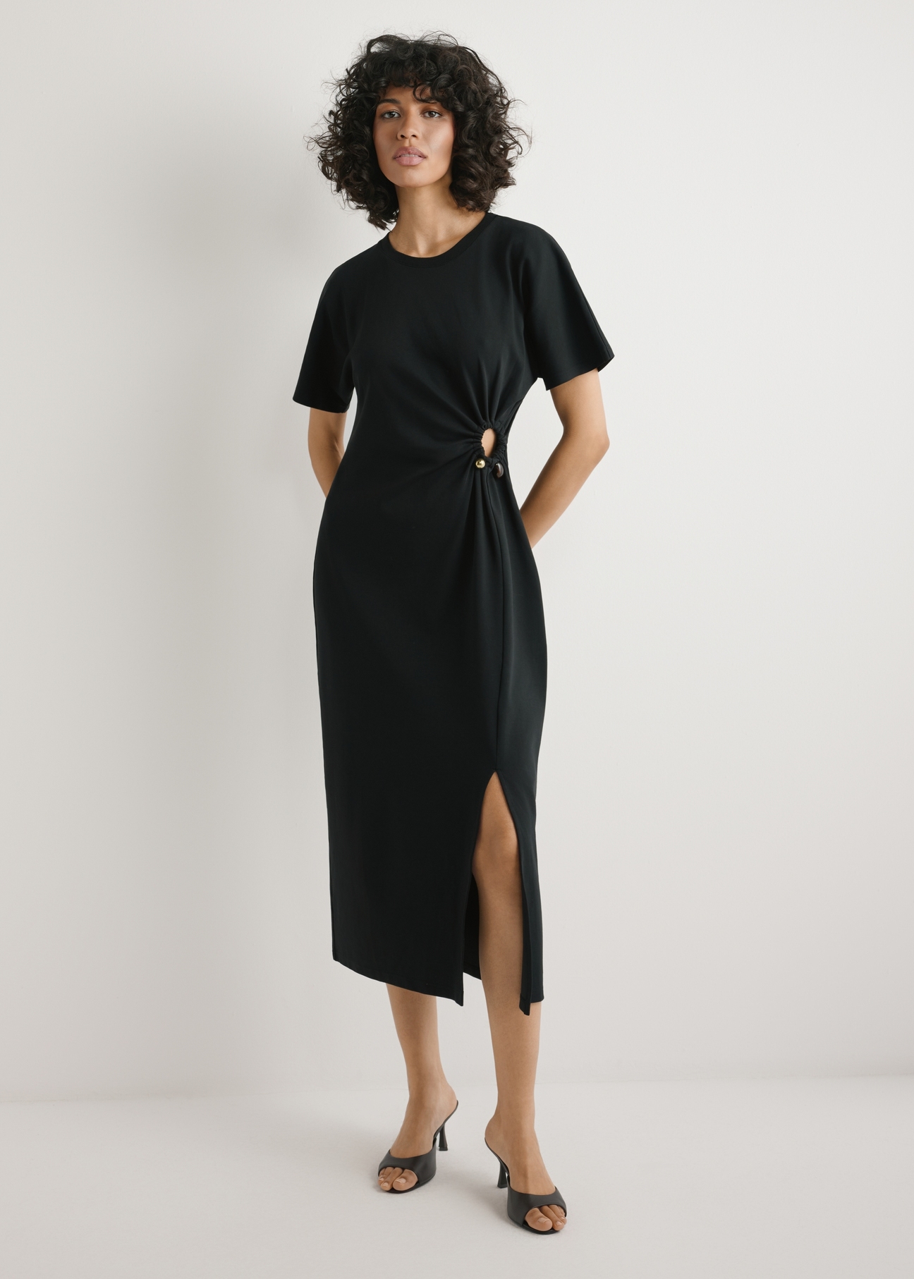 Black cotton midi dress SUKDT-0273-99(W26) - front product view, on white background. The entire silhouette is visible.