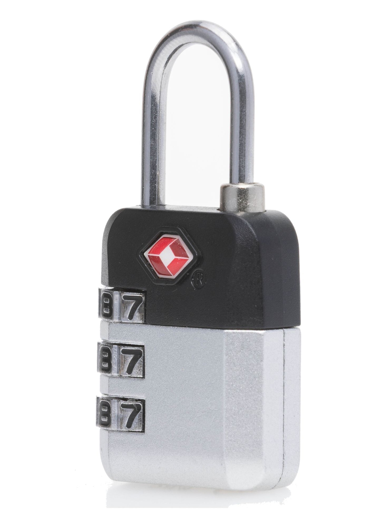 Silver TSA combination padlock AW-015-0004-92(W25), diagonal product view on white background.