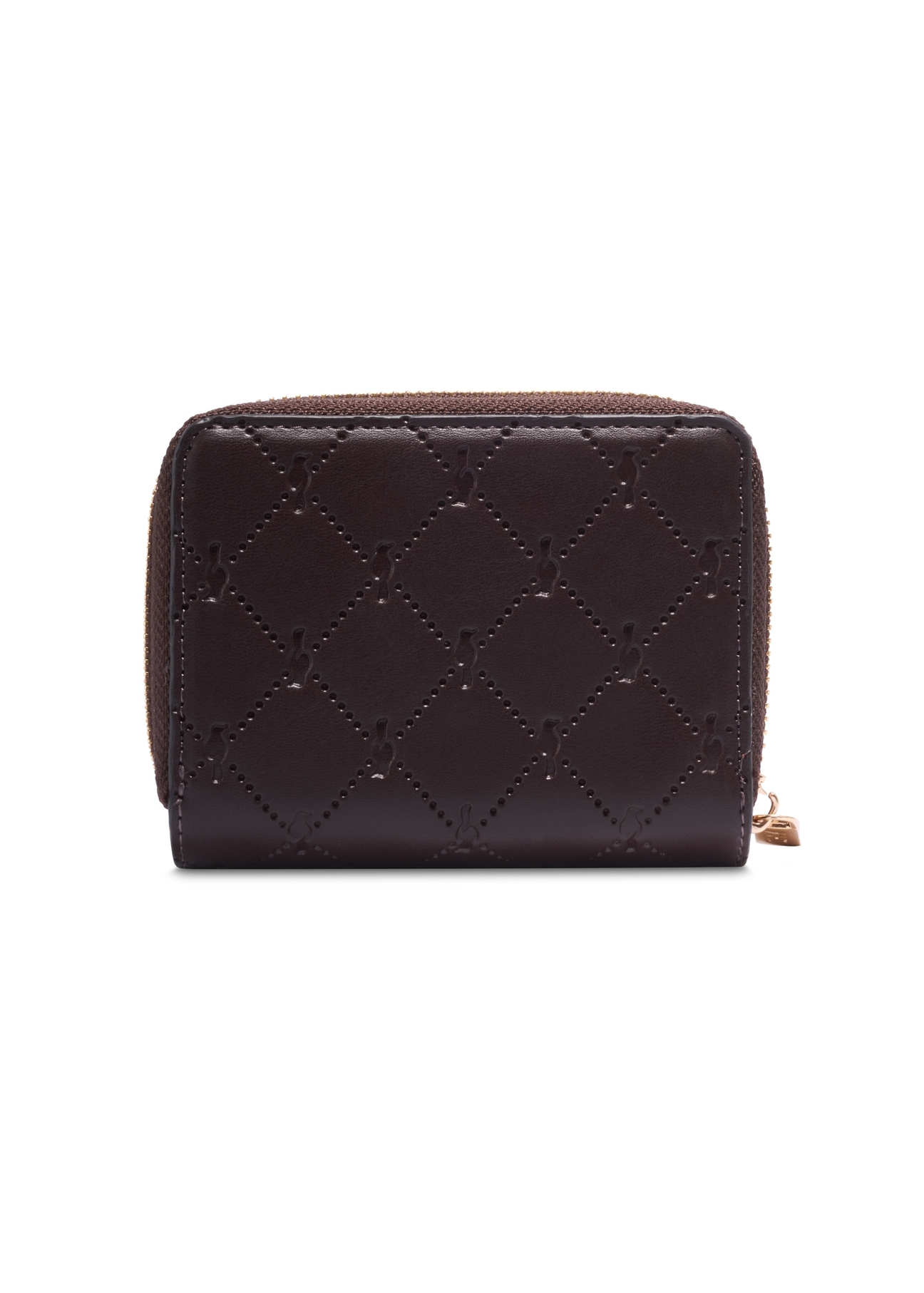 Small brown women's wallet with monogram POREC-0349A-1I(Z26), back view of the product on a white background.